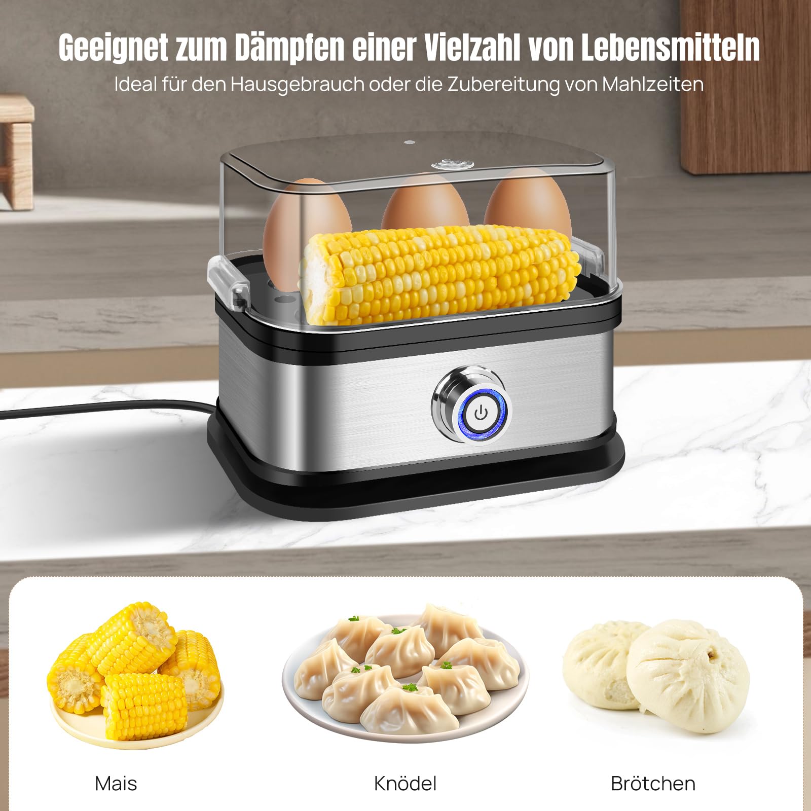 400W Eierkocher mit Dampfgarer, 6 Eier, Gleichmäßige Dampfverteilung, Sicher mit Überhitzungsschutz,Schnell und Energieeffizient, Edelstahl, Ideal für Eier, Reis, Gemüse