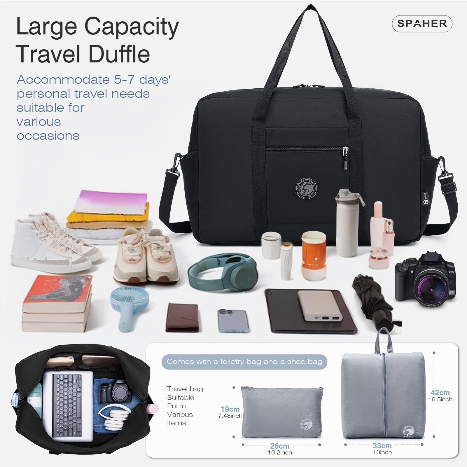 SPAHER Sac de Voyage Cabine Avion 55x35x25 Air France Bagage Cabine, Noir | 50L Grande Capacité, avec 2 Sacs de Toilette, Multipoche, Nylon Résistant à l'eau, pour Voyages Sport Week-ends