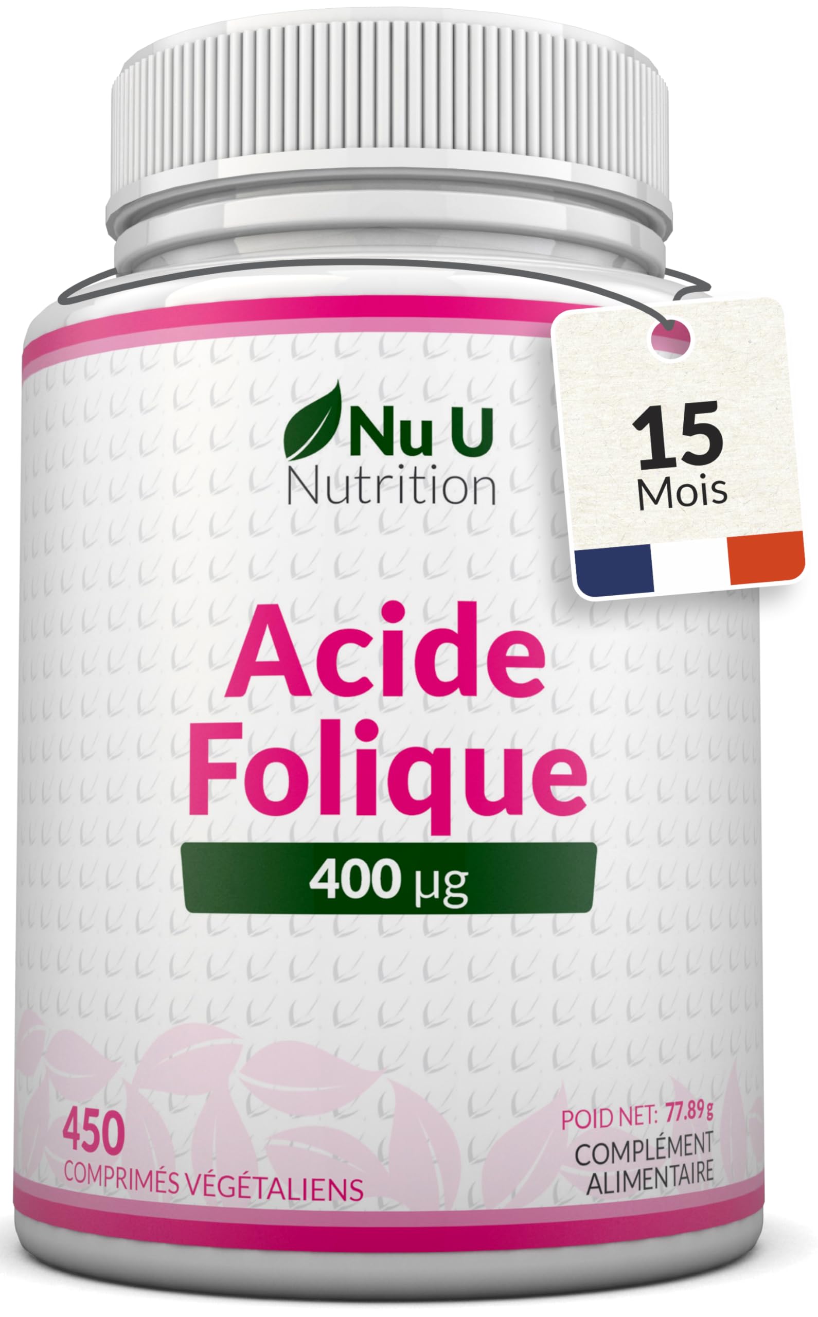 Acide Folique 400 µg – 450 Micro Comprimés Végétaliens – Cure de 15 Mois – Vitamine B9 Folate pour Femmes Enceintes – Supplément Prénatal – Fabriqué en Europe – Nu U Nutrition