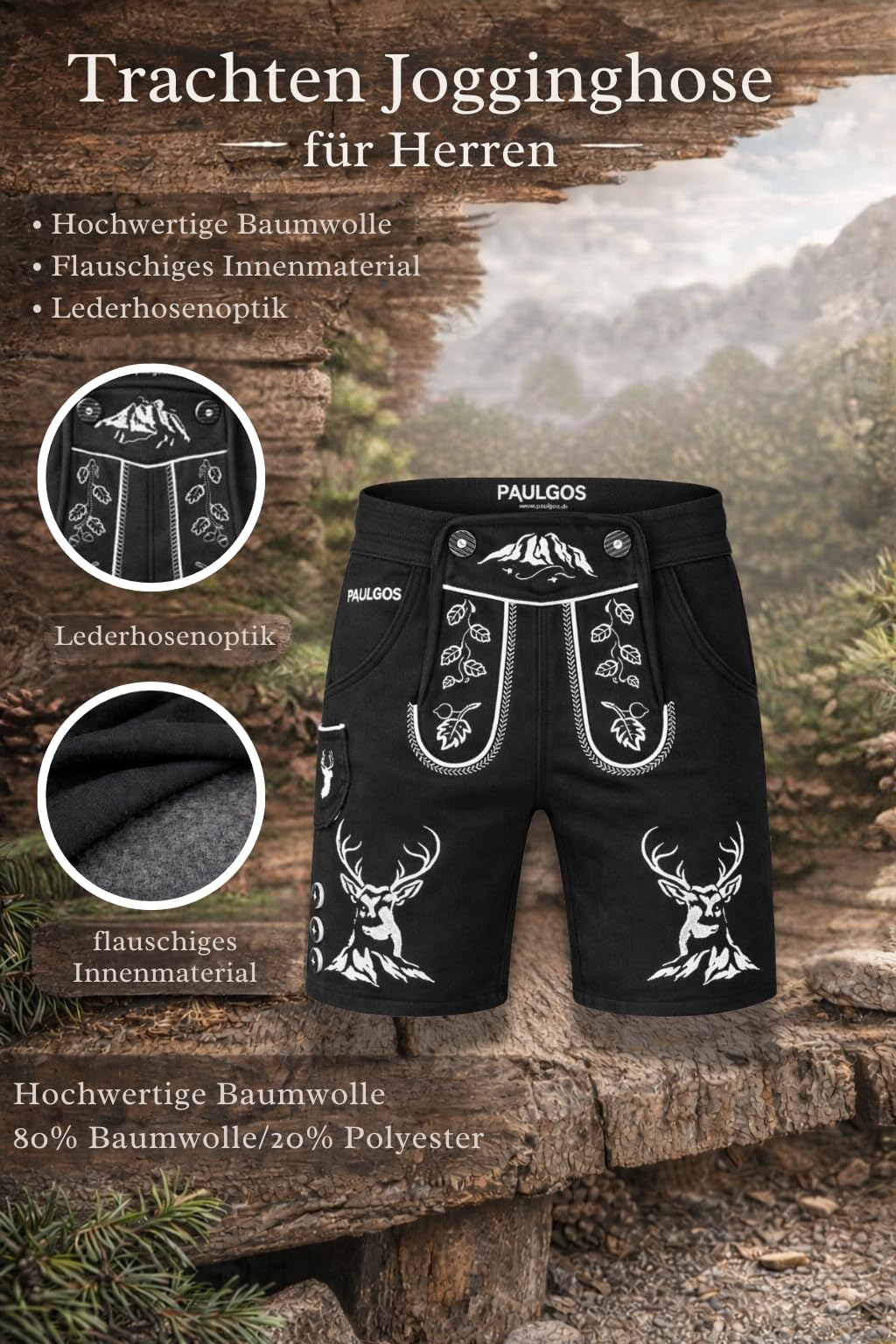 PAULGOS Herren Trachten Jogginghose, Optik Trachten Lederhose, Kurz in 3 Farben Gr.S-5XL JOK4