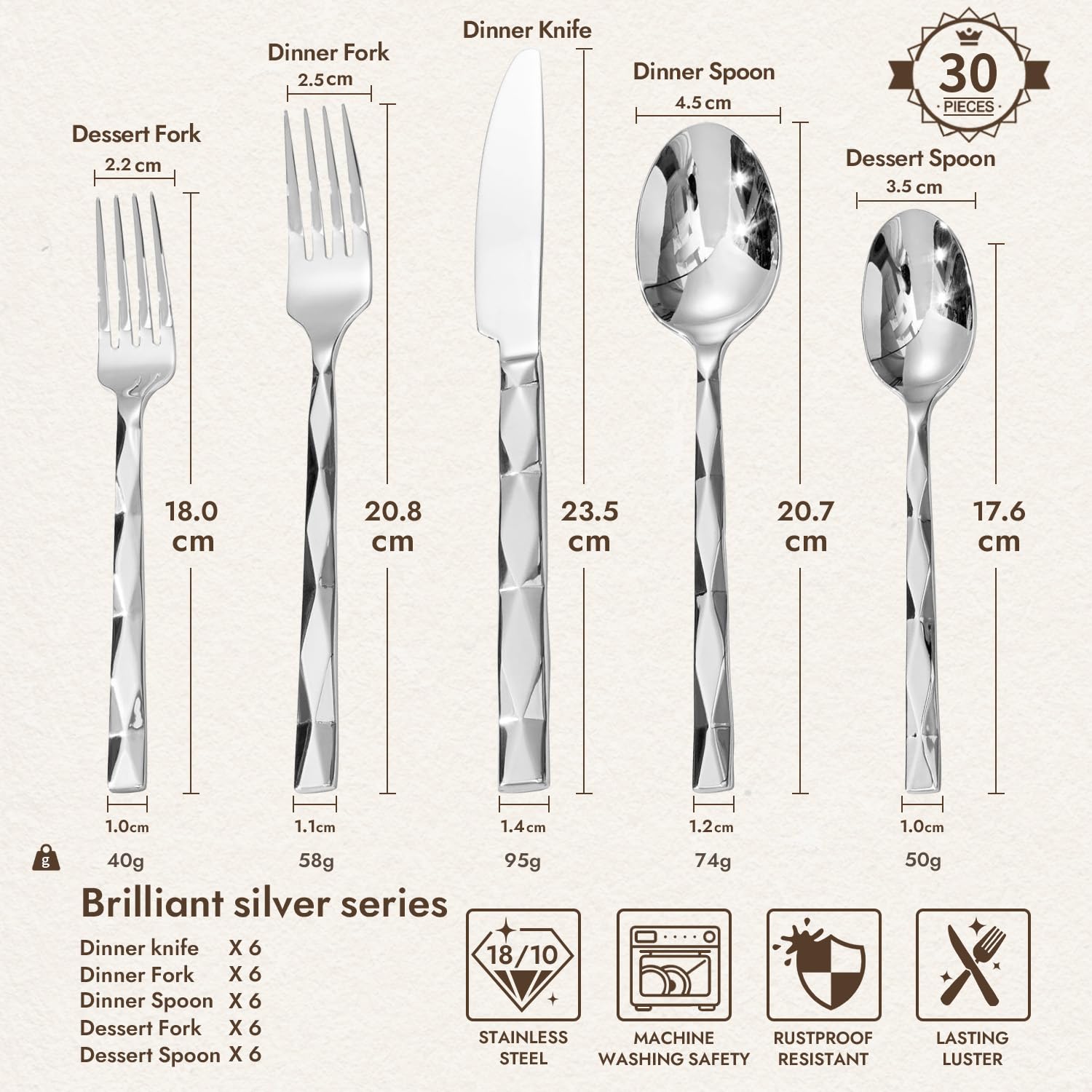 HIKAA Besteck Set 6 Personen, Luxuriöses 30-Teiliges Essbesteckset, Edelstahl Besteck 18/10 mit Diamantschliffmuster für Haushalt, Hochzeit, Party, Cutlery Set Hochglanzpoliert und Spülmaschinenfest
