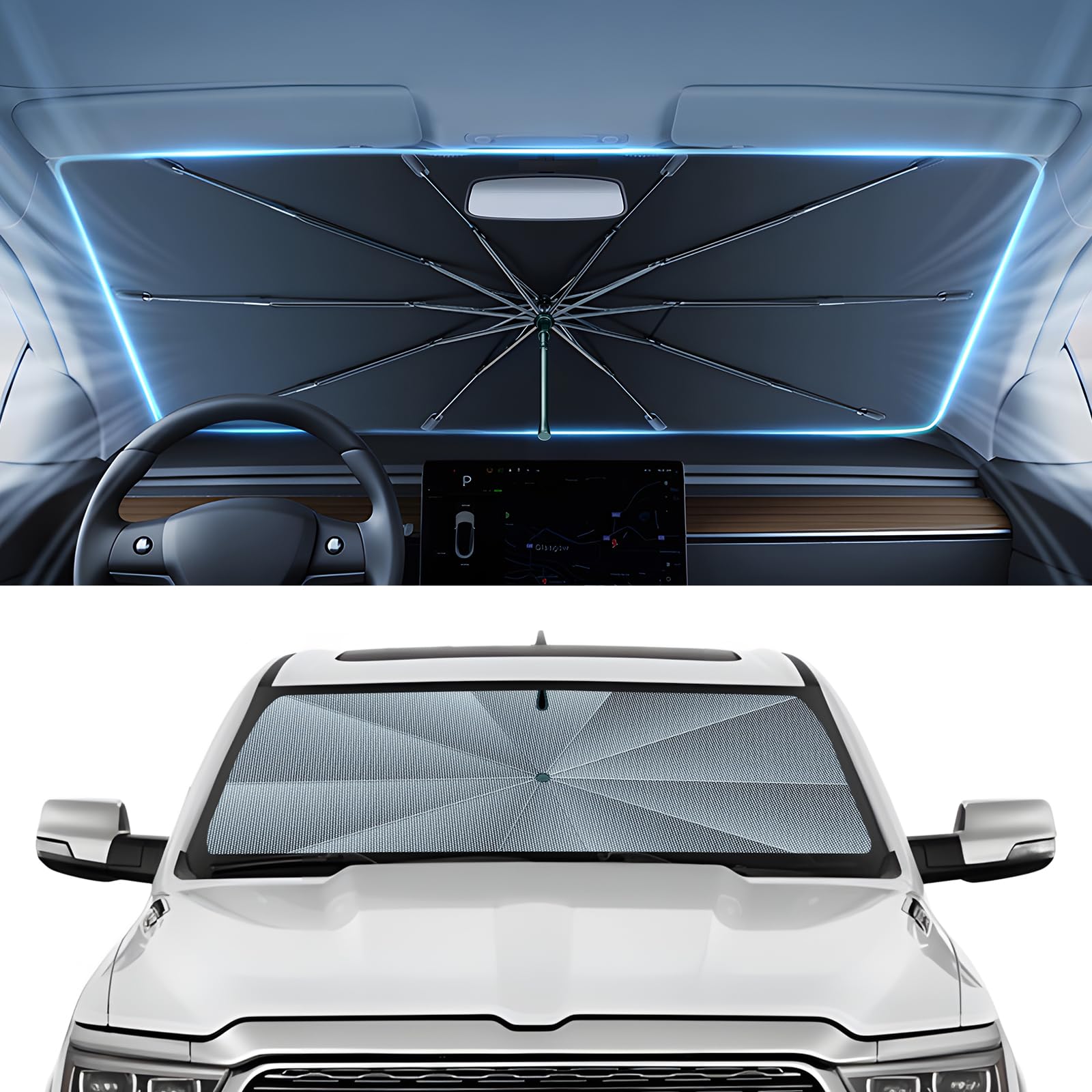 Autorder Windshield Sun Shade Umbrella for 2019-2026 Dodge RAM 1500 Accessories,Upgraded Ice Crystal Material,Easy Setup Umbrella Sunshade for Car Windshield,100% Sun Blocking