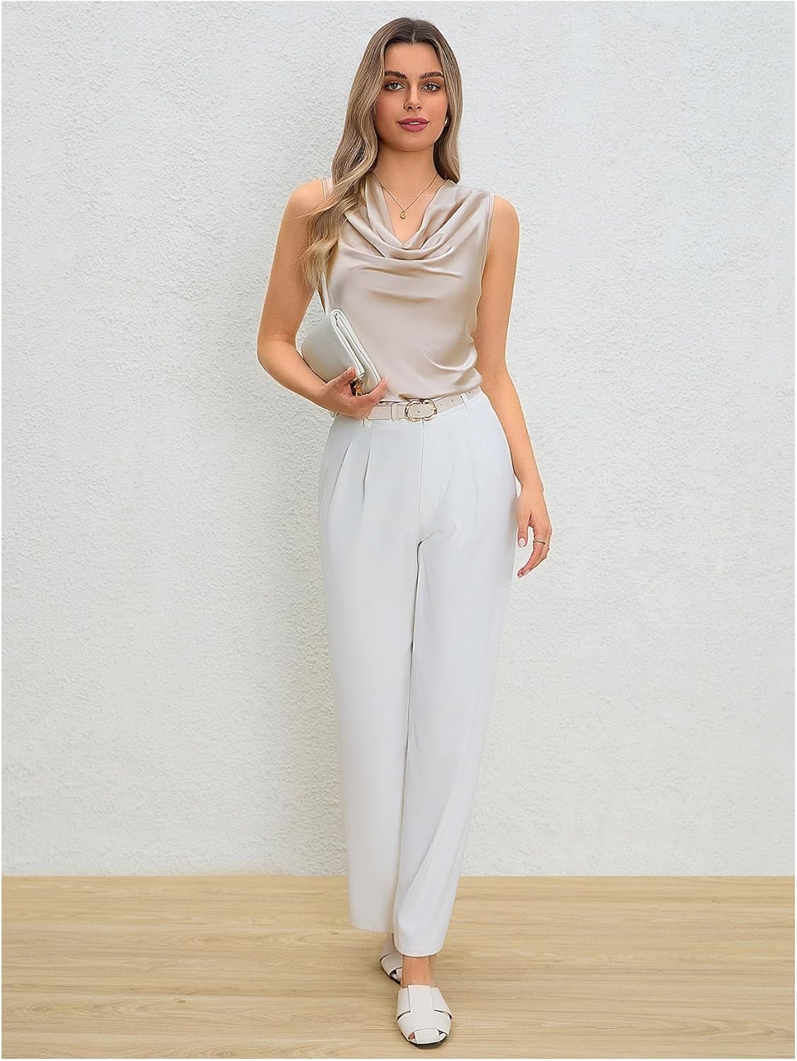 MakeMeChic Women's Draped Cowl Neck Camisole Silk Satin Tank Tops Office Work Shirt Summer Blouse - Image 5