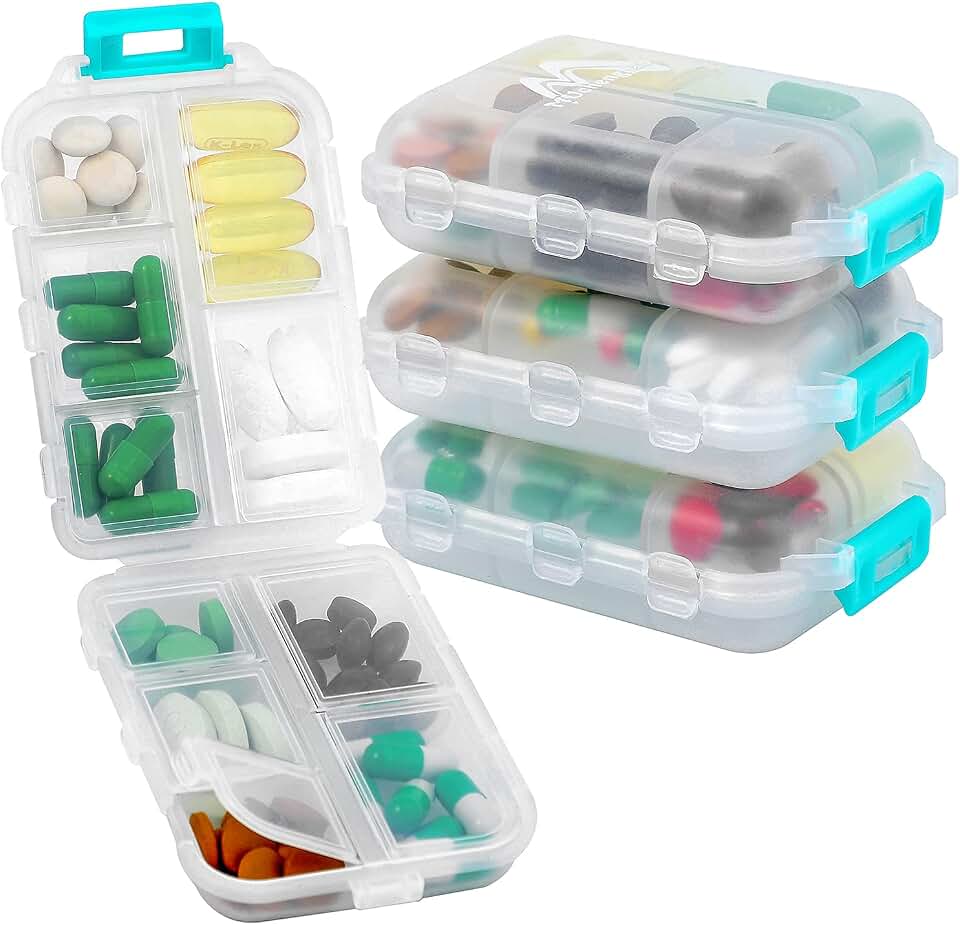 Muchengbao Pack of 4 Pill Boxes, 7 Days, Pill Box, 10 Compartments, Handy Medicine Box, Ea