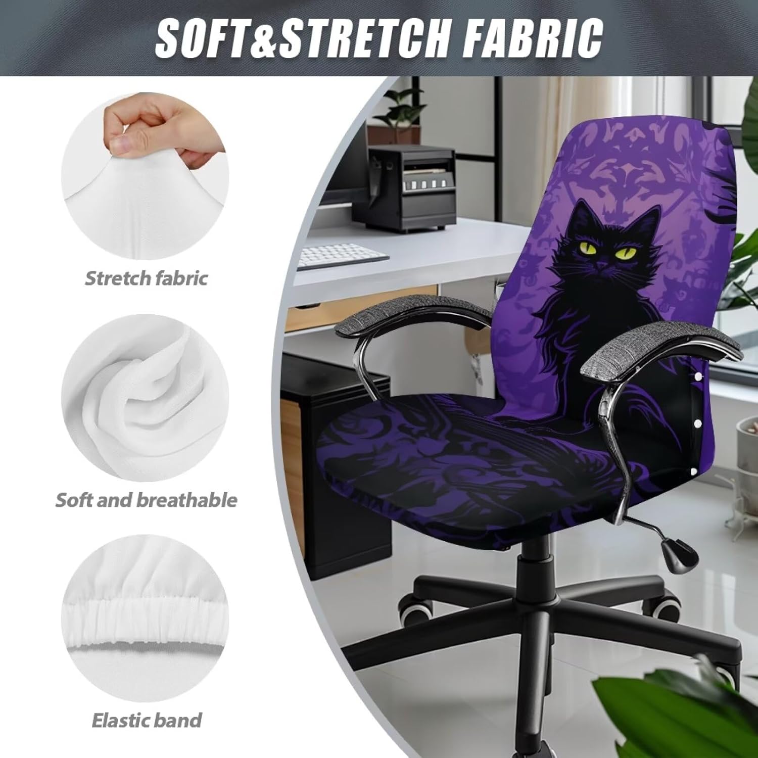 Black Cat Office Chair Cover with Arms Stretchable Pet Proof Computer Chair Slipcover Non-Slip All-in-one Halloween Desk Decor Universal Fit for Home Office & Gaming Chairs Size L
