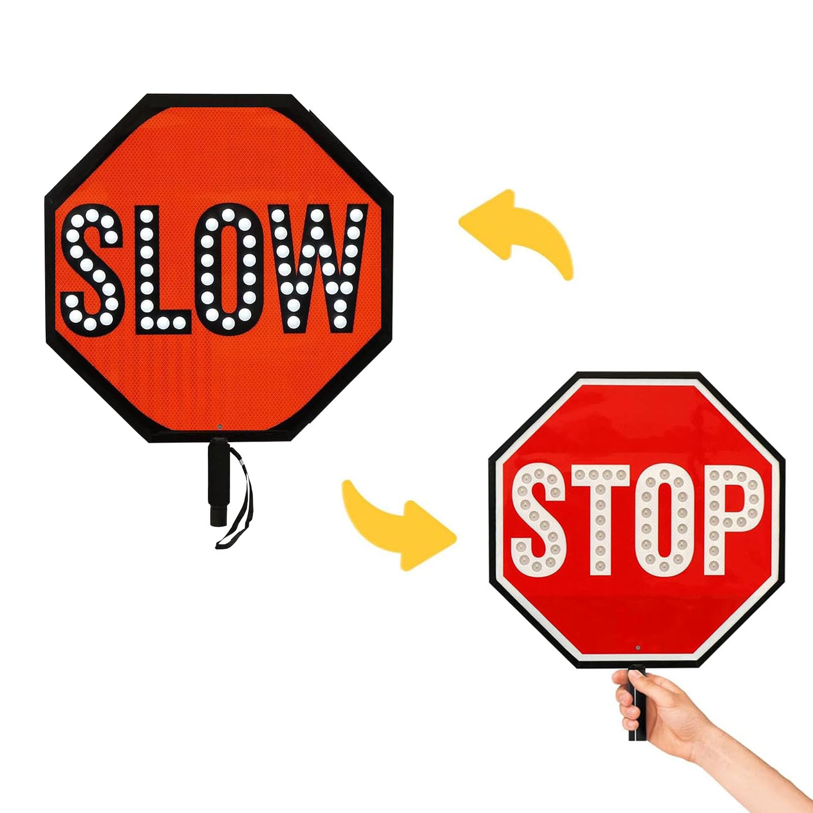 Dwustronny znak „Stop Slow” z uchwytem, Znak LED Stop Slow, ręczny, odblaskowy, dwustronny, 45 cm, 18 cali, światło migające, stałe(Stop/Slow)