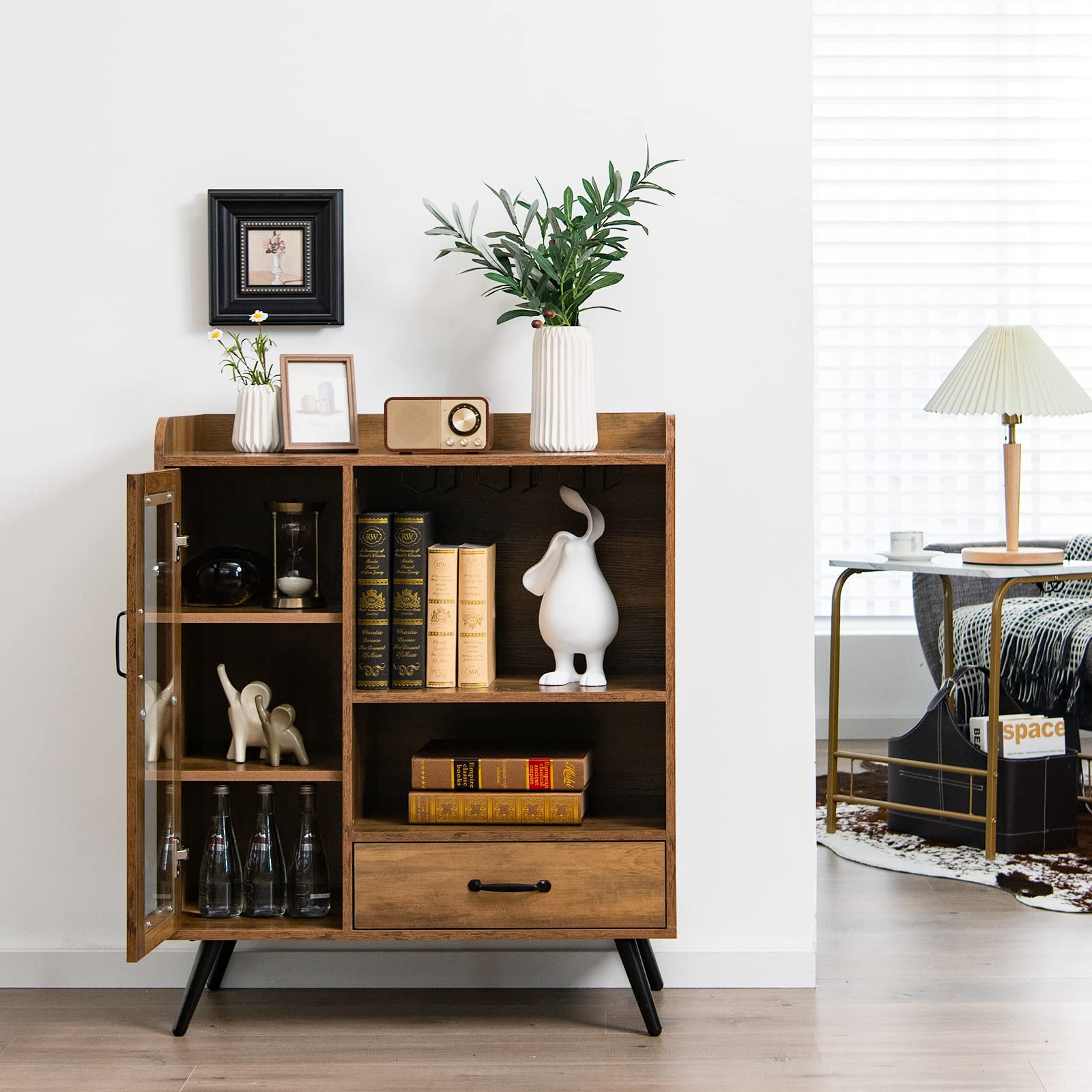 KOMFOTTEU Weinschrank mit Glashaltern & Weinregal, Barschrank Vintage mit Glastür & Schublade, Aufbewahrungsschrank Holz, weinständer 80 x 40 x 95 cm für Küche, Esszimmer, Bar