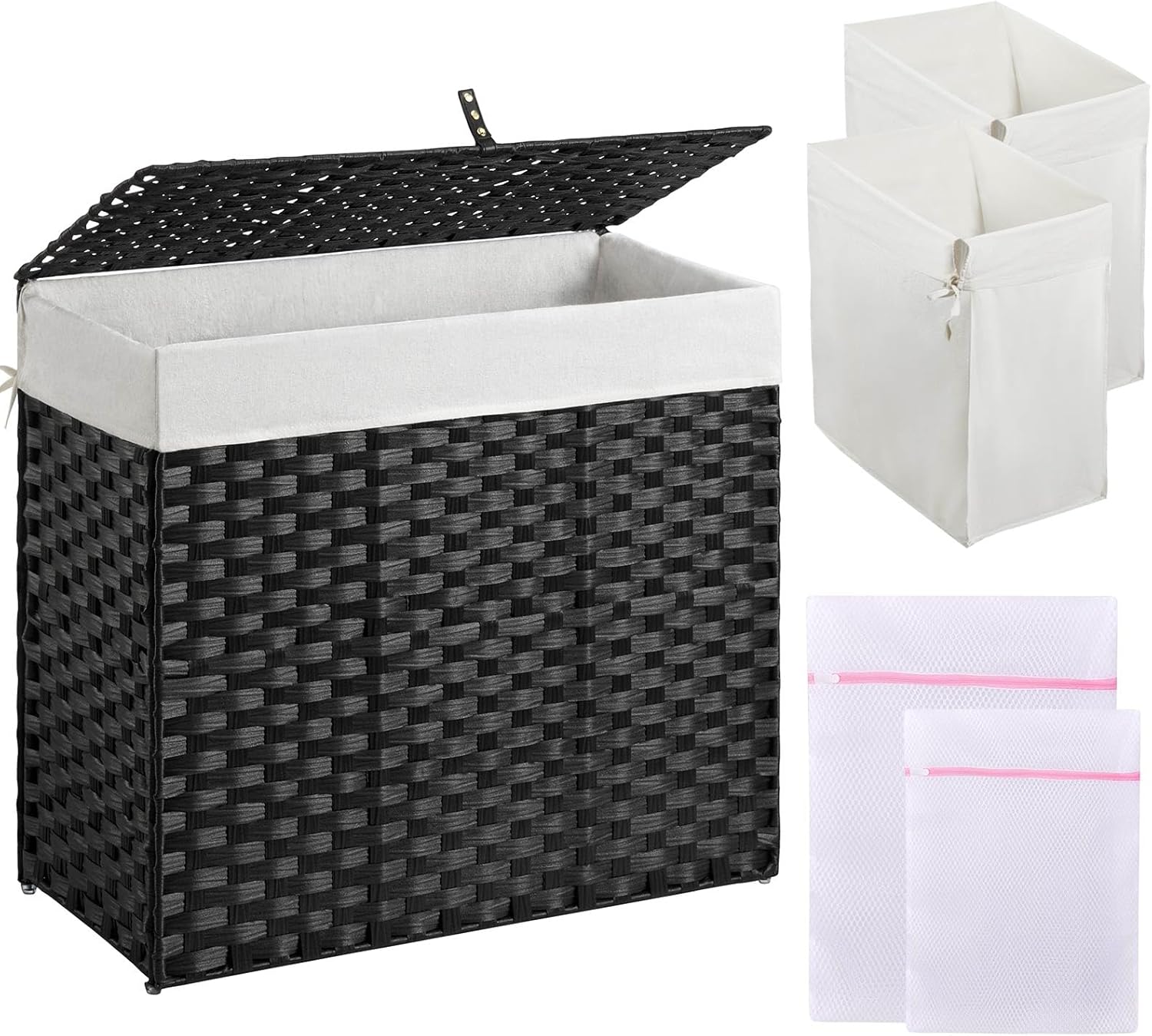 GREENSTELL Laundry Hamper with Lid, 125L Laundry Basket with 2 Removable Liner Bags & 2 Mesh Bags, Handwoven Synthetic Rattan Clothes Hamper for Clothes, Toys in Bathroom, Bedroom, Foldable, Black Black 125L (25.6 x 13.0 x 23.6 inches)