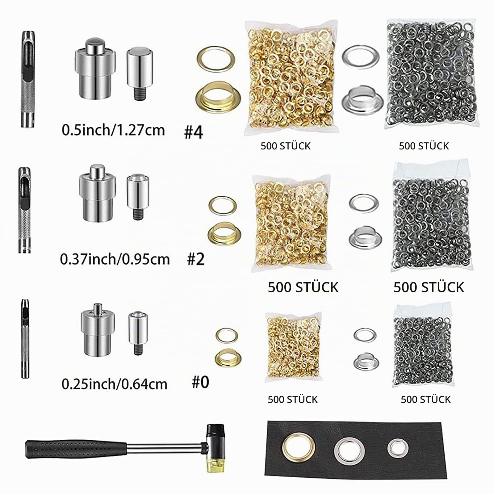 Handhebel-Ösenzange, vielseitige Ösenpresse und Lochzange für Stoffe, Planen, Leder, Handpresswerkzeug mit 3 Stempeln und 1500 Stück silbernen Ösen in 6/10/12 mm und Hammer