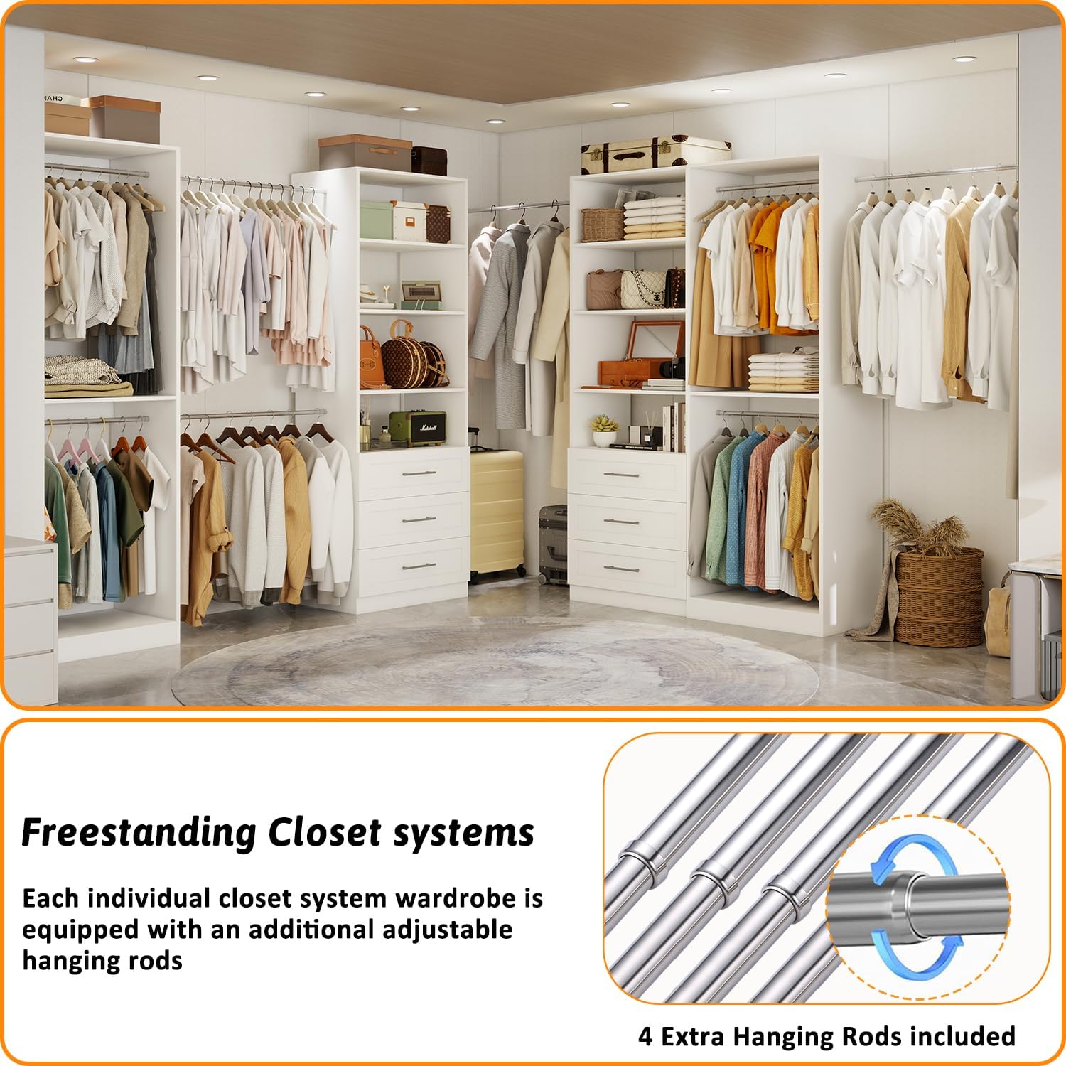 Closet Organizer System Of 4 Sets with 6 Drawers, 8 Shelves, 8 Hanging Rods, 8FT Closet System, Walk In Closet Wood, Modular Closet System Storage White (8FT)