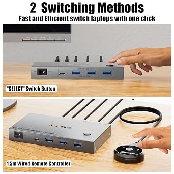 KVM Switch 2 Monitors 2 Computers USB C, USB 3.0 KVM Switch Dual Monitor HDMI for 2 Laptop, 4K@60Hz, MST, 80W PD, with 2 USB-C Cables and Wired Remote