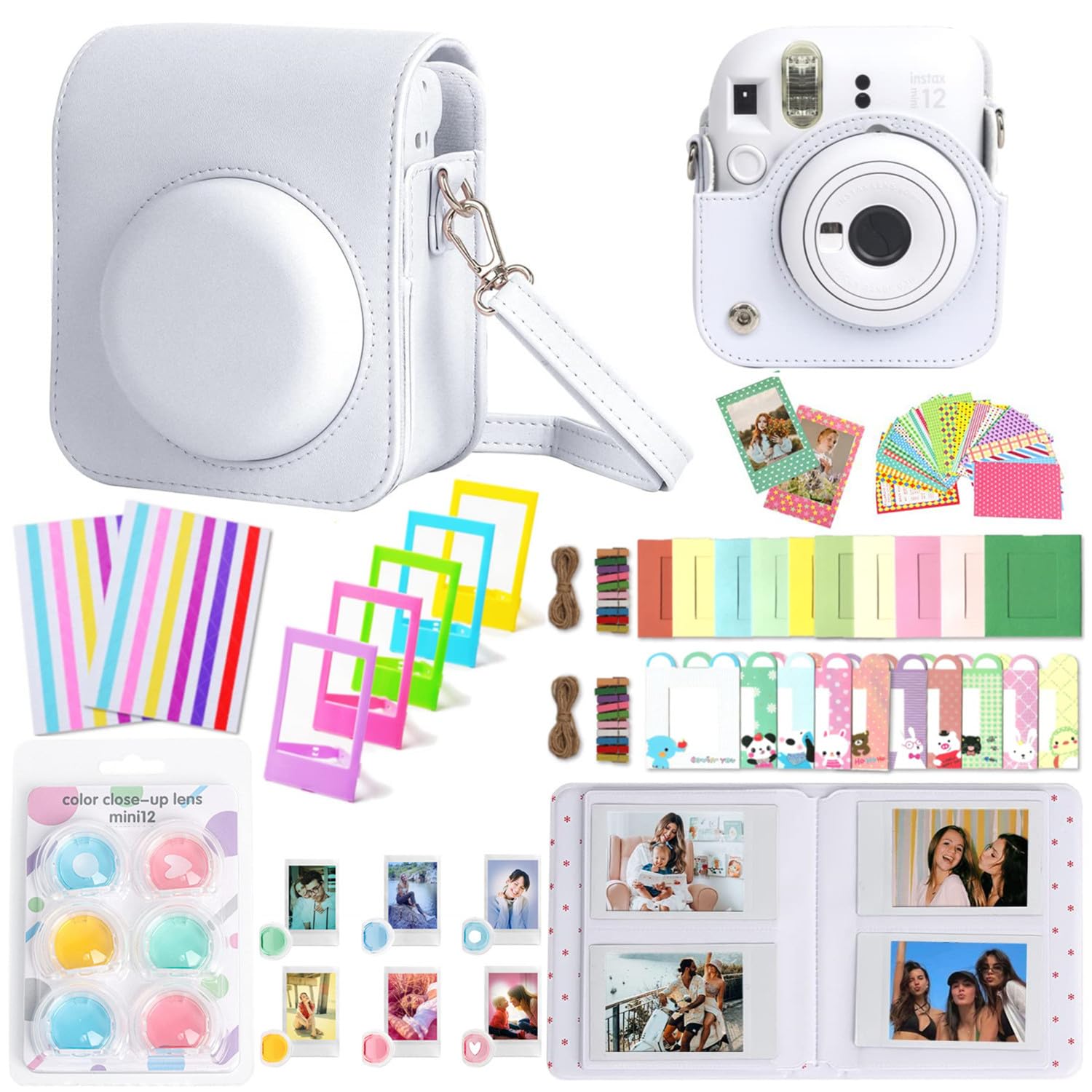 eWINNER Instant Camera Accessories kit Compatible with Fujifilm Instax Mini 12 Camera/Bundle Include Case/Album/Wall Hang Frames/Close Up Colored Filter/Border Stickers/Corner Stickers (White)