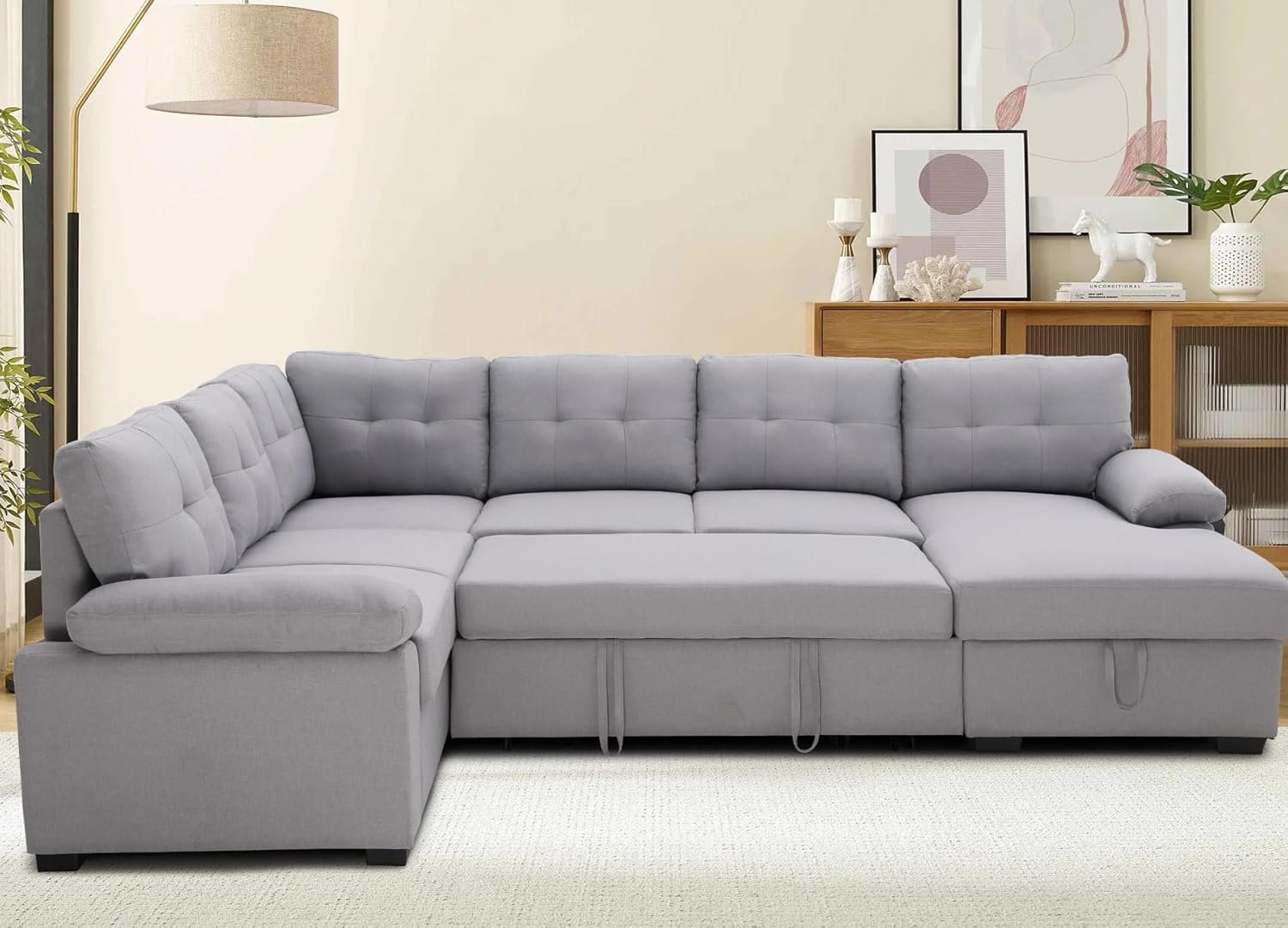Alexent 5-Seat Modern Fabric Sleeper Sectional Sofa with Storage Gray