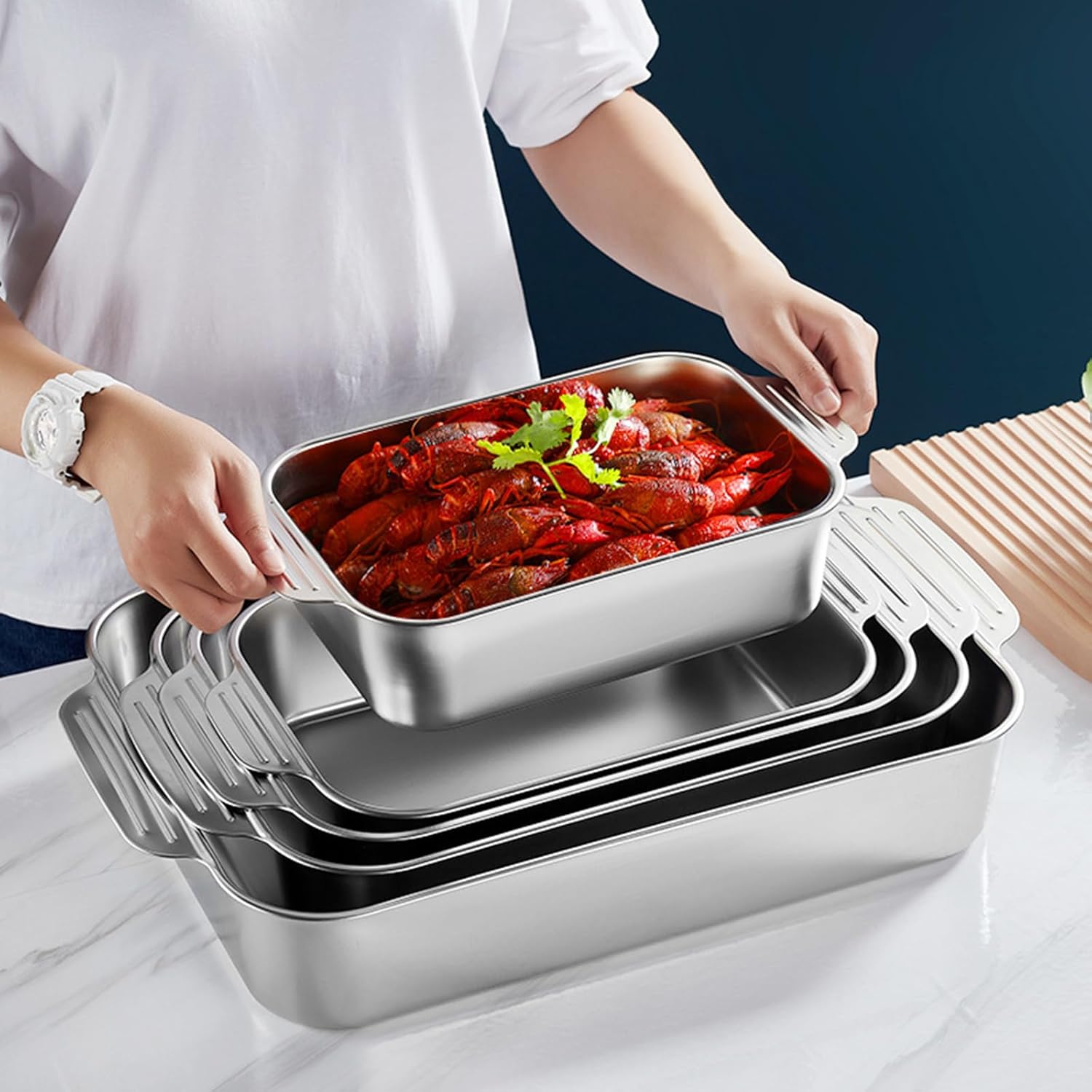 Deep Fish Baking Pan Dish Stainless Steel Rectangular Roasting/Roaster Pan 3.1/3.4/5.8/7.4/10L Lasagna Pan Cake Brownie Tray Servicing Plate Food Dish Plate, Deep Side, Dishwasher Safe (33cm,Silver)