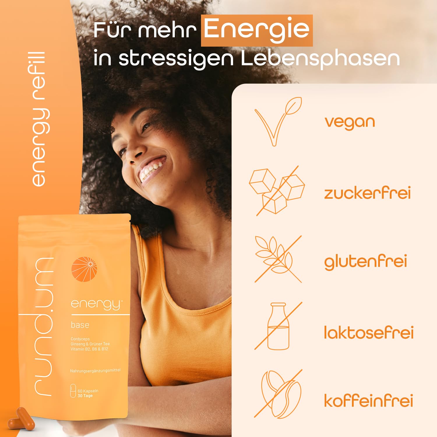 rund.um energy base Kapseln (2 x 60 Stück) - Nahrungsergänzungsmittel für mehr Energie und innere Balance - vegan, laktose- und glutenfrei
