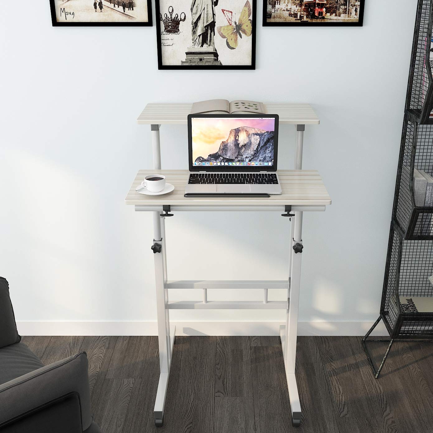 sogesfurniture Mesa de Ordenador Portatil Mesa Auxiliar con Ruedas, Altura Ajustable, Mesa Compacta Escritorio de la Computadora Estación de Trabajo para Hogar Oficina, Arce Blanco