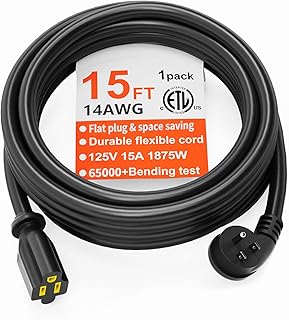 HUANCHAIN 14 Gauge 15 FT Flat Plug Extension Cord Black Indoor Outdoor, Heavy Duty 3 Prong Grounded Low Profile Extension Wire Flexible, 15A 1875W 125V 14AWG SJTW, ETL Listed.