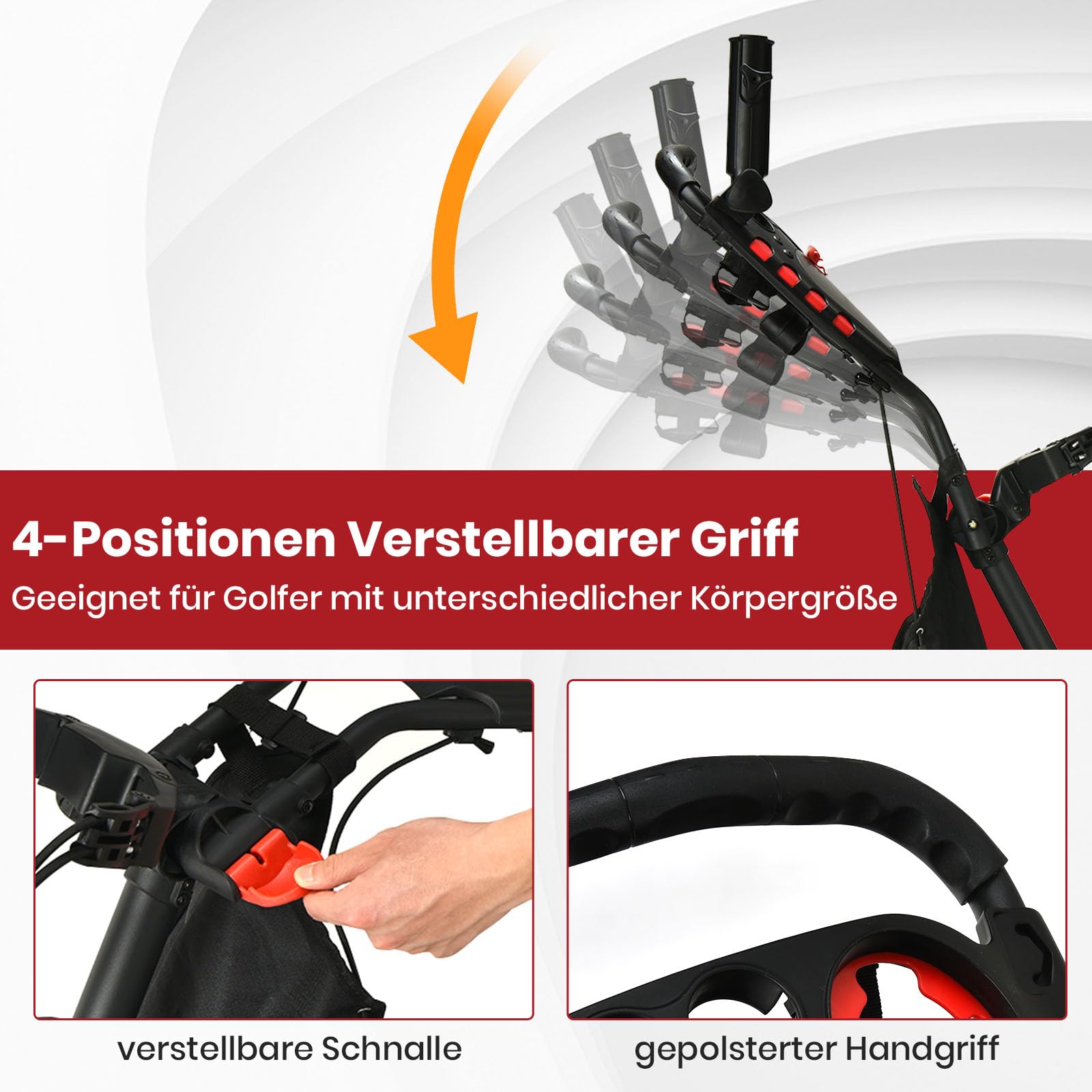GOPLUS Wózek golfowy, 4 koła z regulowanym uchwytem, hamulec nożny, wózek golfowy, składany, z uchwytem na kartę wyników, parasol i napoje, torba do przechowywania, Golf Caddy Golf Push Cart