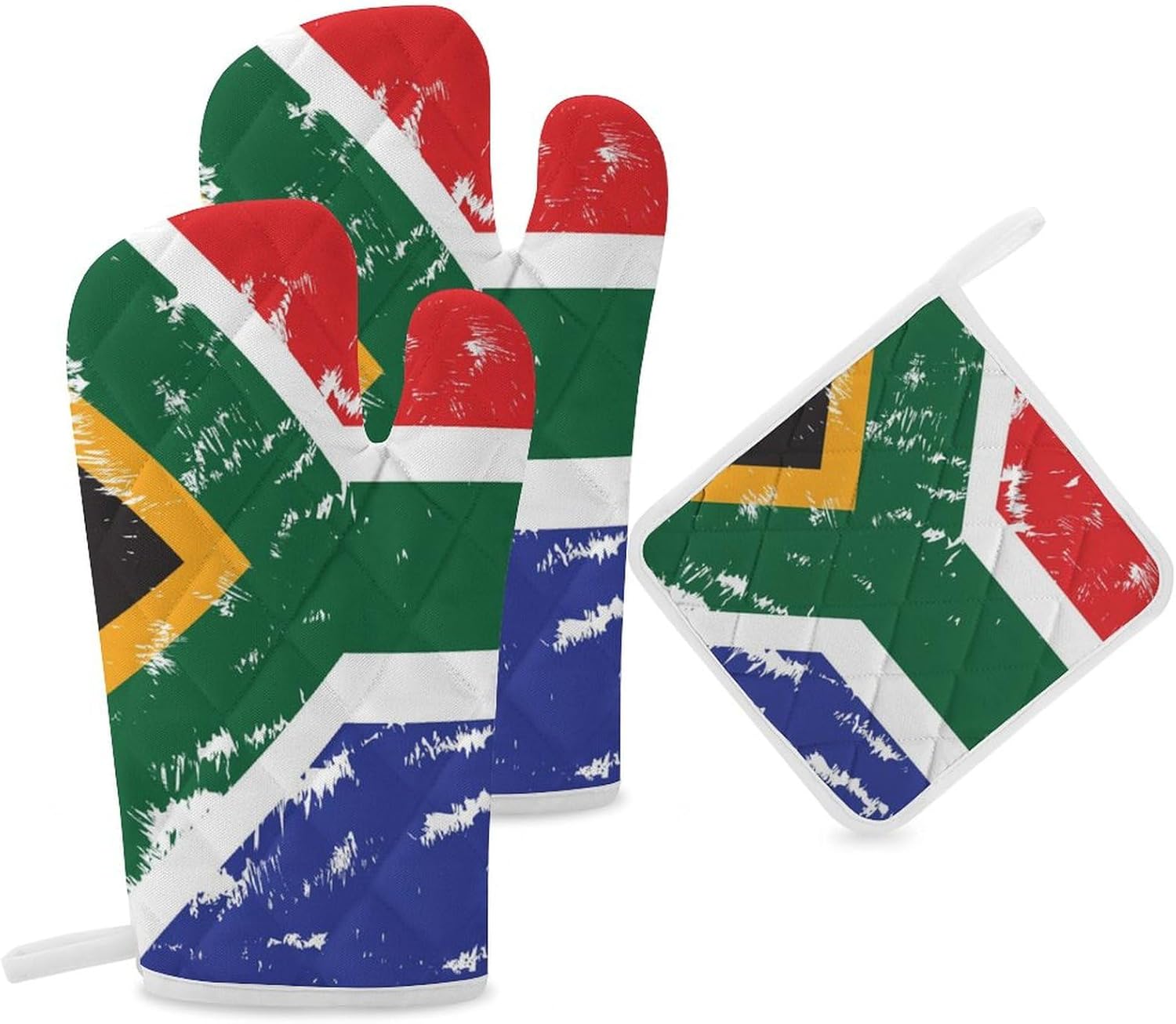 South African Flag Print Oven Mitts and Pot Holders 3 Piece Sets Heat Resistant Gloves Hot Pads Potholders for Kitchen Baking Cooking