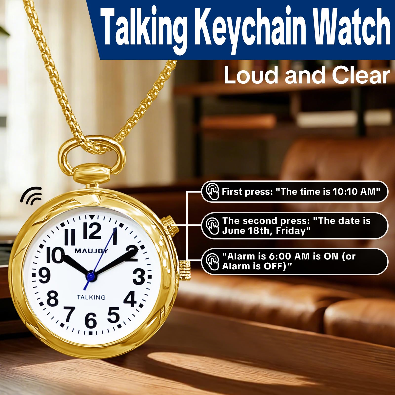 Reloj analógico parlante y llavero parlante, voz fuerte y clara en inglés americano que dirá la alarma, hora, fecha, la mejor opción para personas mayores