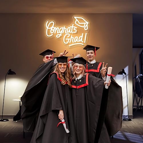Miniatura 7 de Letrero de neón de Congrats Grad con tapa de graduación, letrero de luz blanca cálida para decoración de pared, letrero LED de felicitaciones de