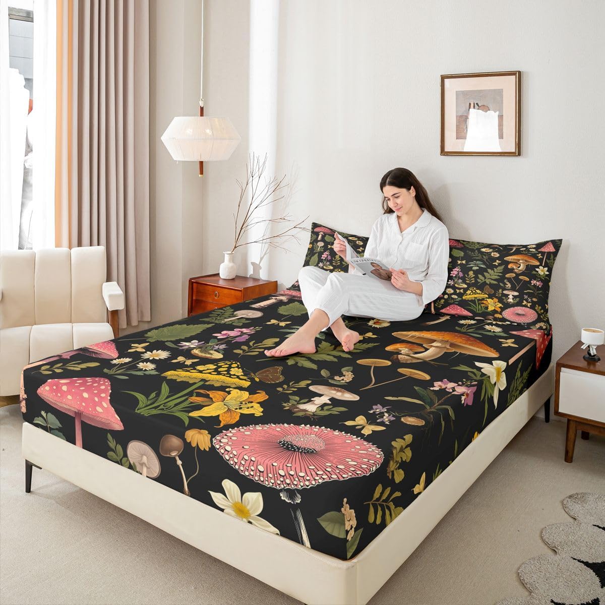 Mushroom Fitted Sheet Twin Size 2 Pcs,Jungle Plants Green Leaves Bed Sheet for Kids Teens Adults,Wild Butterfly Vintage Daisy Deep Pocket,1 Pillowcase(No Flat Sheet)
