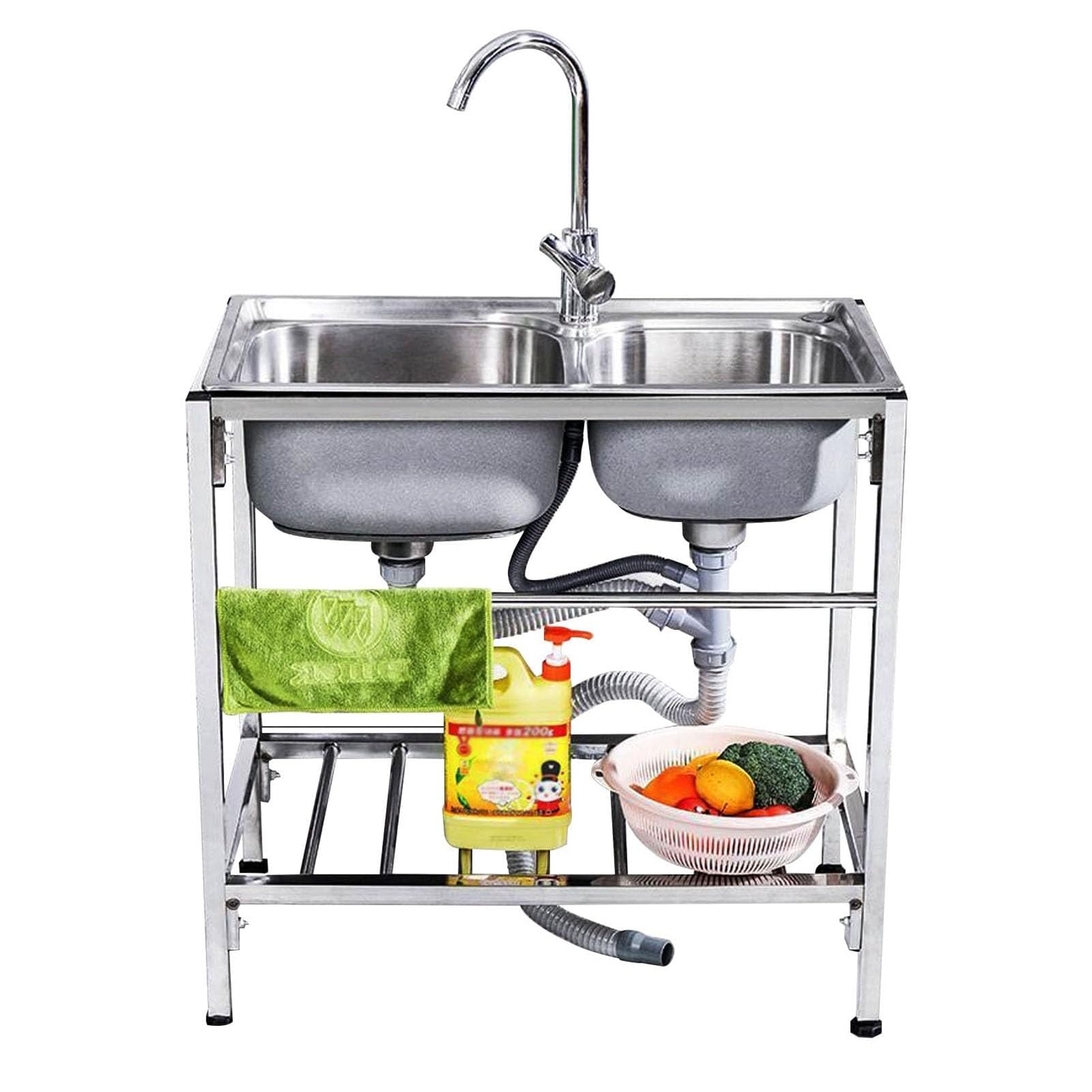 Csxsxauo Outdoor Free Standing Double Bowl Sinks Utility Sink With Cold Hot Water Faucets Work Station For Garage Restaurant Kitchen Laundry Room