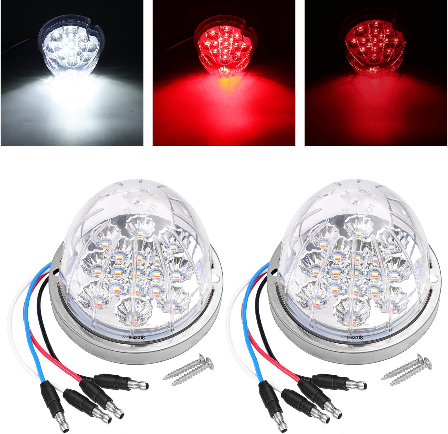 2PCS 17 LED Red to White Watermelon Lights Dual Revolution Color Turn Signal & Auxiliary Marker Light with Clear Lens & Chrome Bezel, 12V for Freightliner Kenworth Peterbilt Trucks