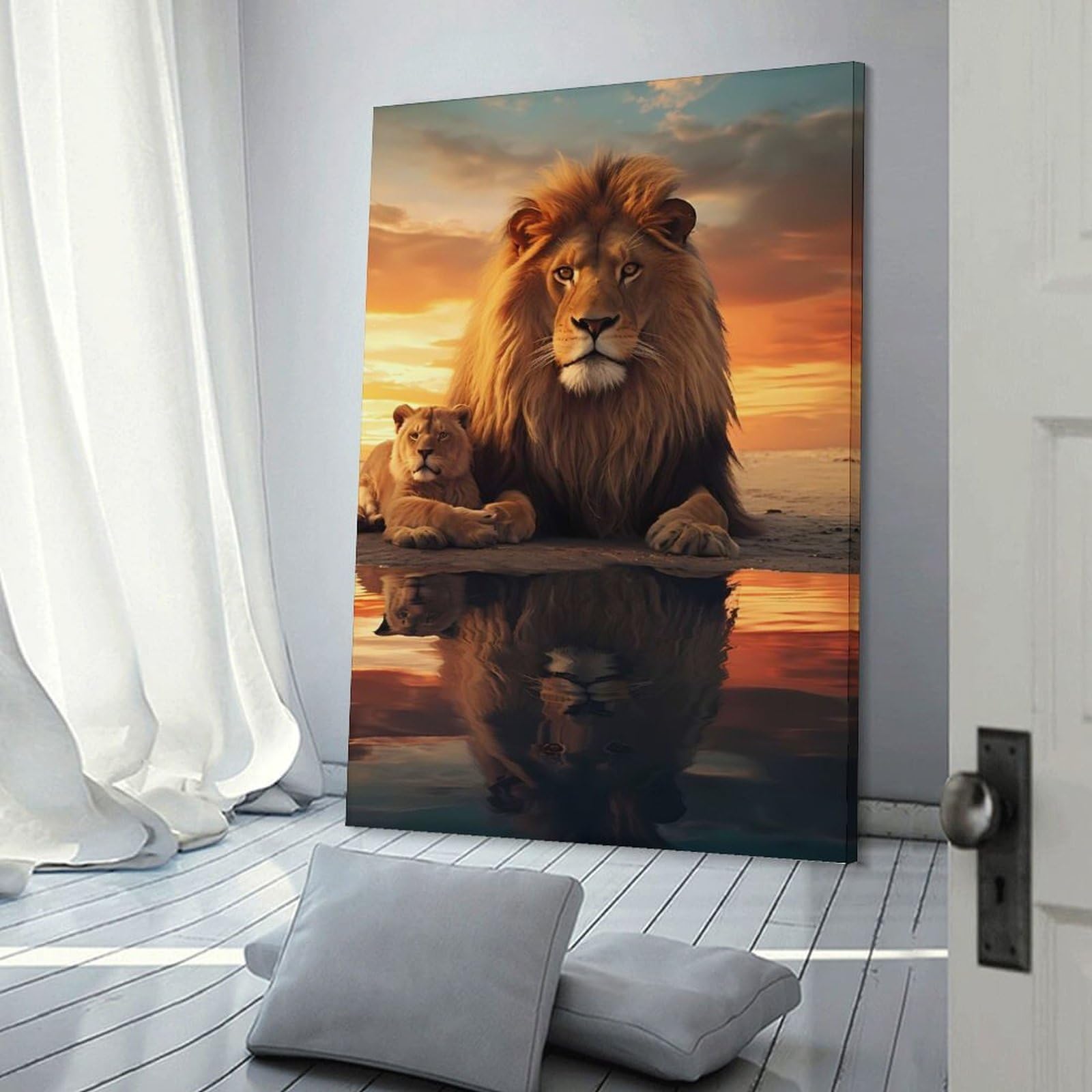 Junmoney Frame-Style-24 Father Lion And Son Decorative Canvas Print, 24X36inch(60X90cm), For Contemporary Homes, Apartments Or Offices, Home Artwork For Modern Interiors