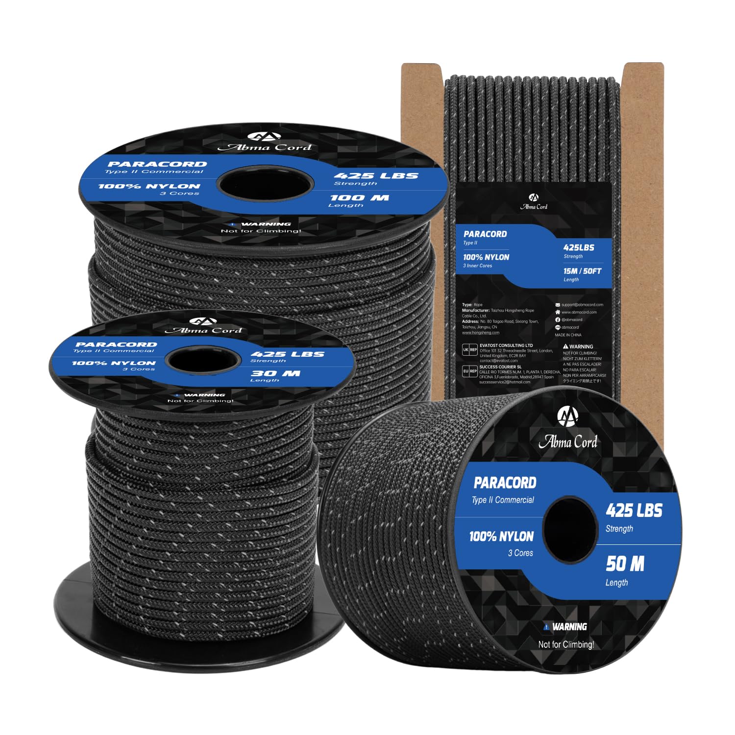 Abma Cord Paracord 3mm 100% Nylon Corda 15m Tipo II Corda da Paracadute a 3 Fili - Max. 192 kg - Riflettente Nero