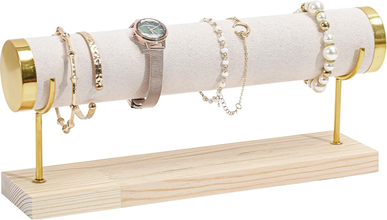 ProCase Detachable Bracelet Holder Stand, Gold Bracelet Organizer for Selling, Velvet Wrap Bracelet Display Rack with Wooden Base for Bangles Scrunchies Watches - 1 Tier, Beige