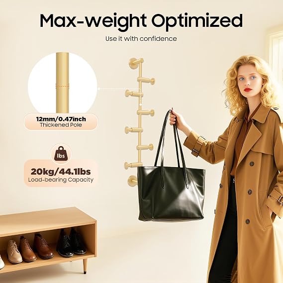 Modern Wall Mount Coat Rack, 6 Brass Sleek Coat Hooks Rack, Metal Vertical Tree Branch Coat Rack for Scarves Clothes Handbags Purses Hat, Space Saving Hanger (Brown)