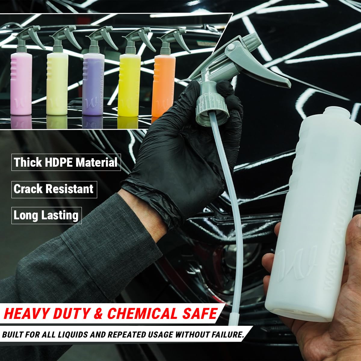 WaveX Empty Spray Bottle 500ml Heavy Duty (Set of 2) | HDPE Chemical Resistant Bottle with Strong Trigger Sprayer | Dilution Scale Engraved | Ideal for Car Detailing, Cleaning & Chemicals 4