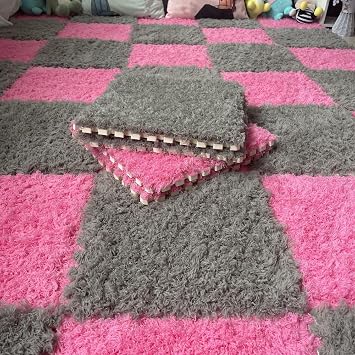 12 Pcs Plush Interlocking Carpet Tiles, Soft Fluffy Interlocking Square Foam Area Rugs Protective Floor Carpet Play Mat for Living Room & Bedroom Playroom Grey+Rose red