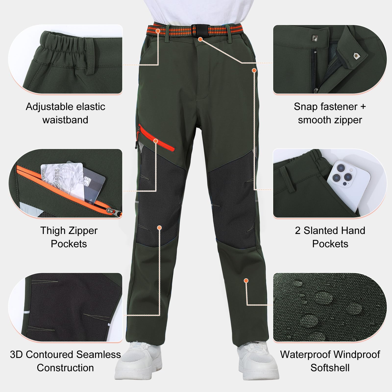 BWBIKE Pantalones de Invierno Cálidos a Prueba de Viento Forrados de Vellón, Pantalones Aislantes de Esquí de Caparazón Suave Repelentes al Agua con Cintura Expandible para Exteriores