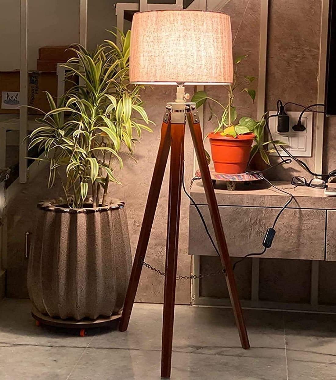 Old ERA Antiques Tripod Floor Lamp for Living Room, Bed Room with Wooden Crafter Stand | Modern Decorative Tripod Lamp in Jute Shade Brown LED-image-44