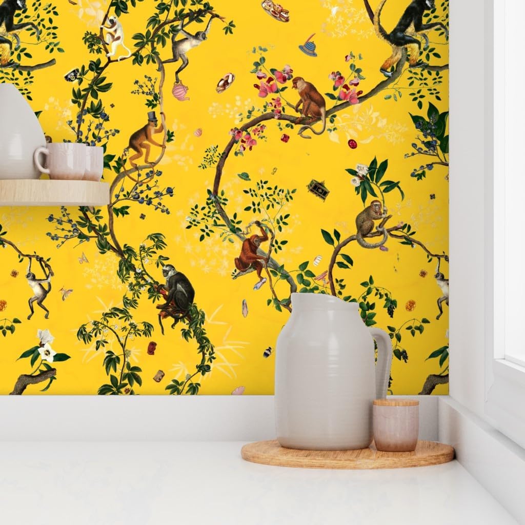 Peel & Stick Wallpaper Swatch - Yellow Gold Chinoiserie Maximalist Monkey World Tree Plant Jungle Custom Removable Wallpaper by Spoonflower