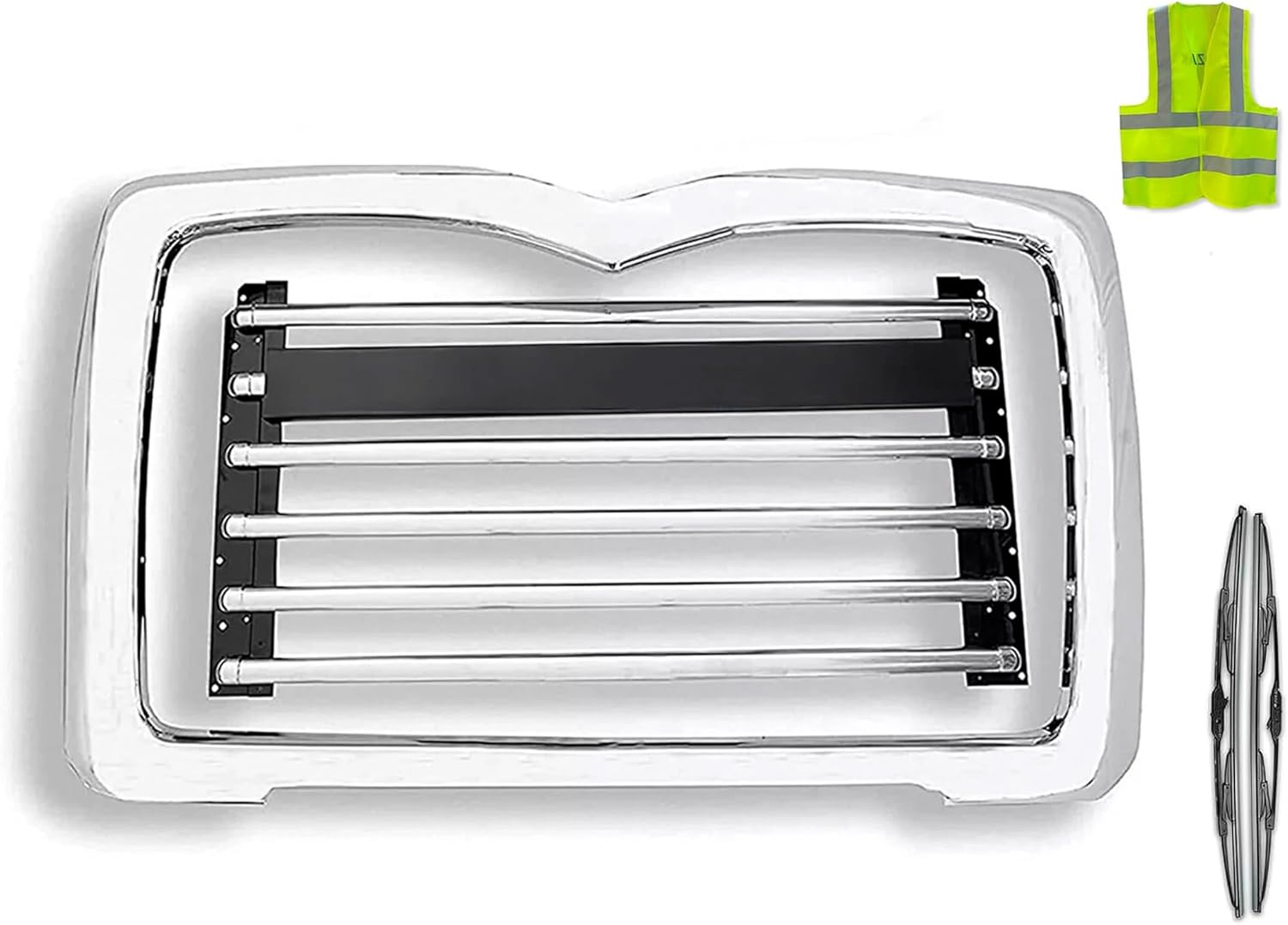 Kozak Chrome Metal Grille with Chrome Surround and Logo Compatible with Mack CT713, GU713, GU813 Granite PLUS 2x 22'' Windshield Wipers and KOZAK Vest