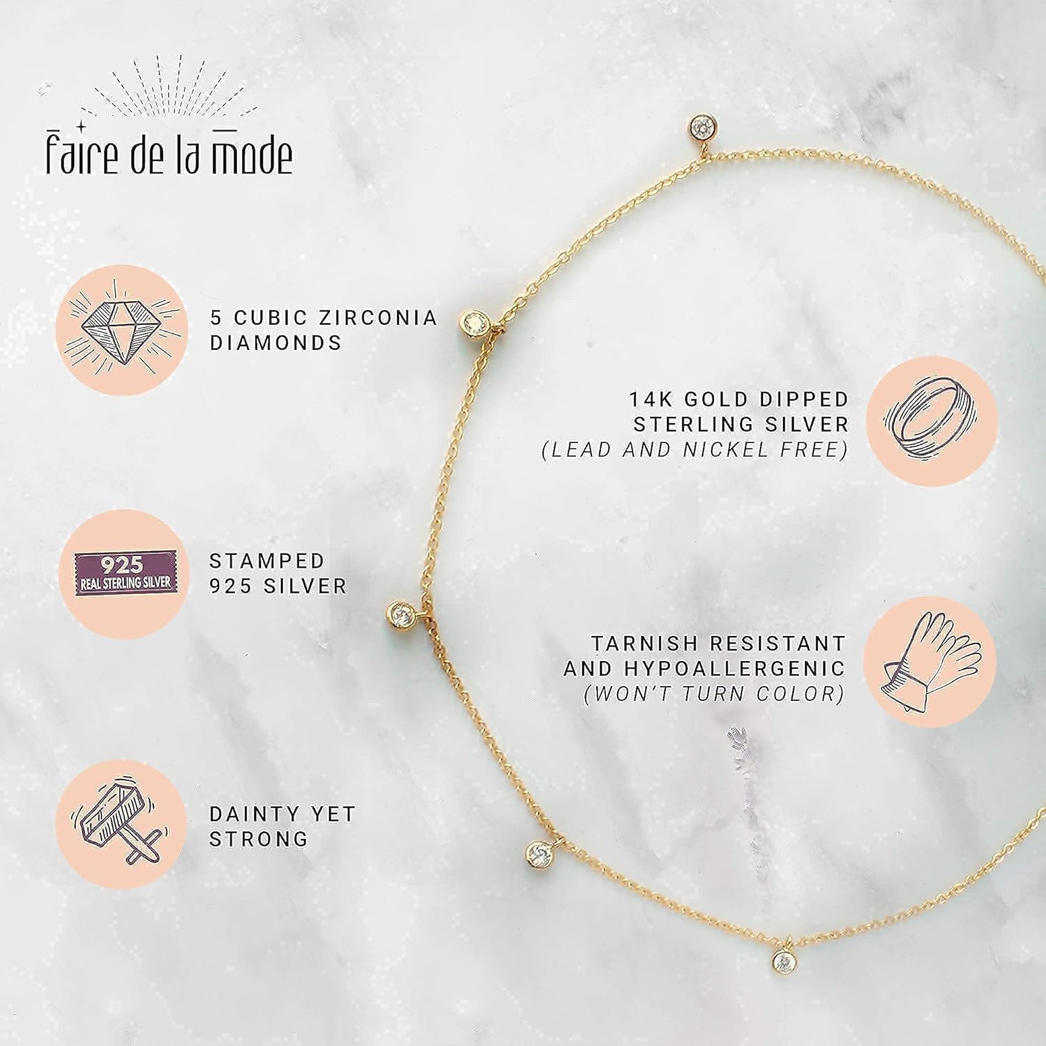 Faire de la Mode 14k Gold Plated Dainty CZ Choker Necklace for Women, Handmade Sterling Silver Bezel CZ Necklace, 14 to 16 inch adjustable length