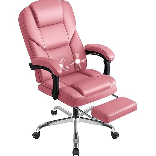 Shahoo Executive Office Chair with Massage, Ergonomic Reclining High Back Leather Seats with Footrest and Lumbar Support, Big and Tall, 400Lbs Heavy Duty, Pink