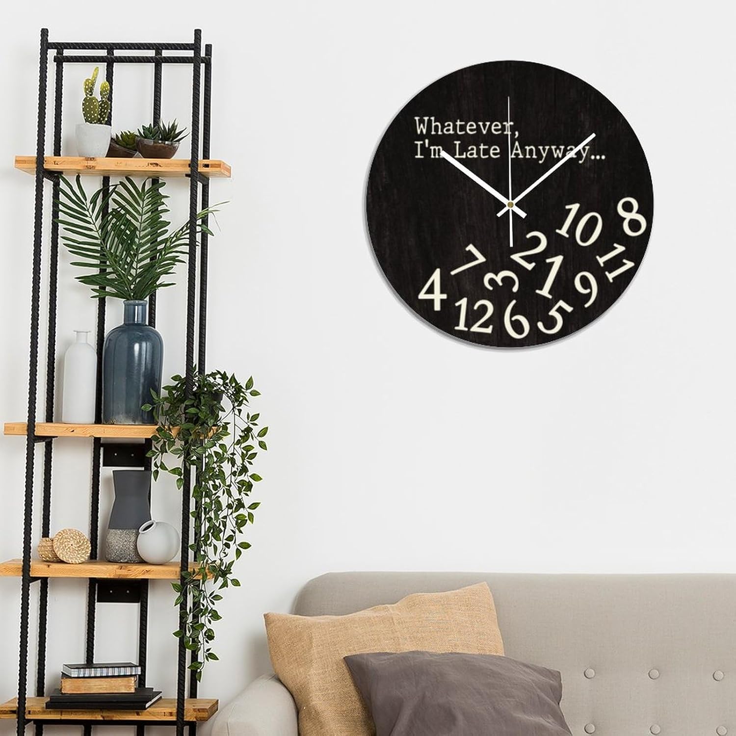 Round Wood Wall Clock Whatever I'm Late Anyway... Battery Operated Silent Non-Ticking Clock 12x12 Inch for Home Kitchen Bathroom Bedroom Living Room Decor