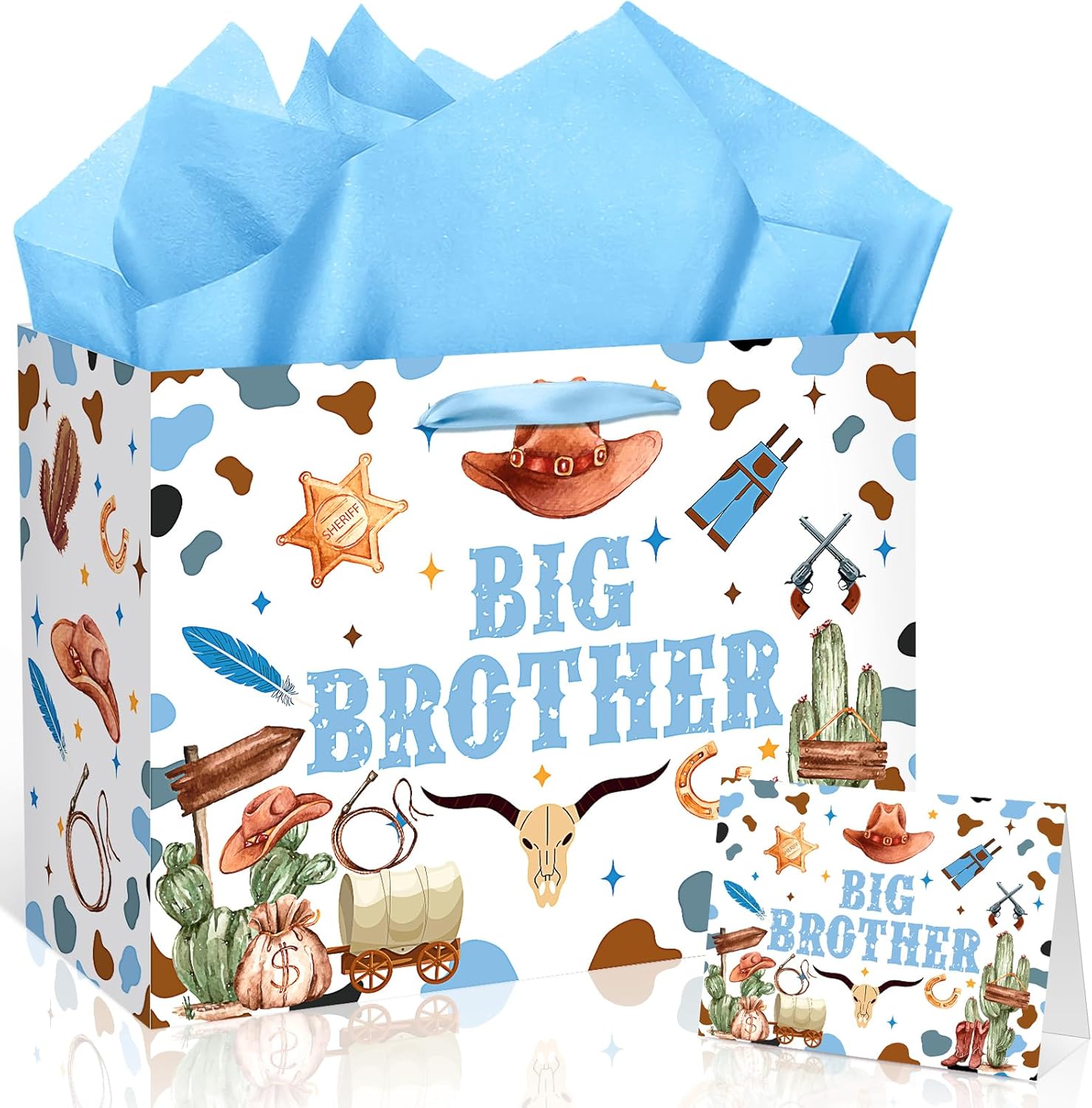 Cowboy Big Brother Gift Bag with Blue Tissue Paper and Card Large Big Bro Gift Bag for Boys Western Horse Boots Cactus Theme Wrapping Paper New Brother Party Decor for Little Boy Birthday 11.8in