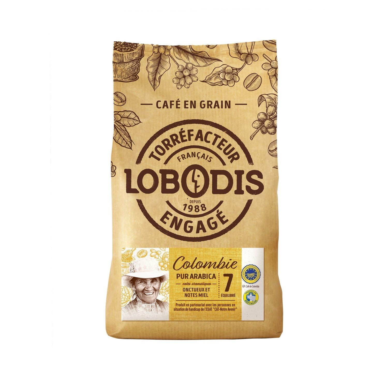 Café équilibré aux notes de miel — LOBODIS Pur Arabica Intensité 7, Grains 500g - Lot de 2