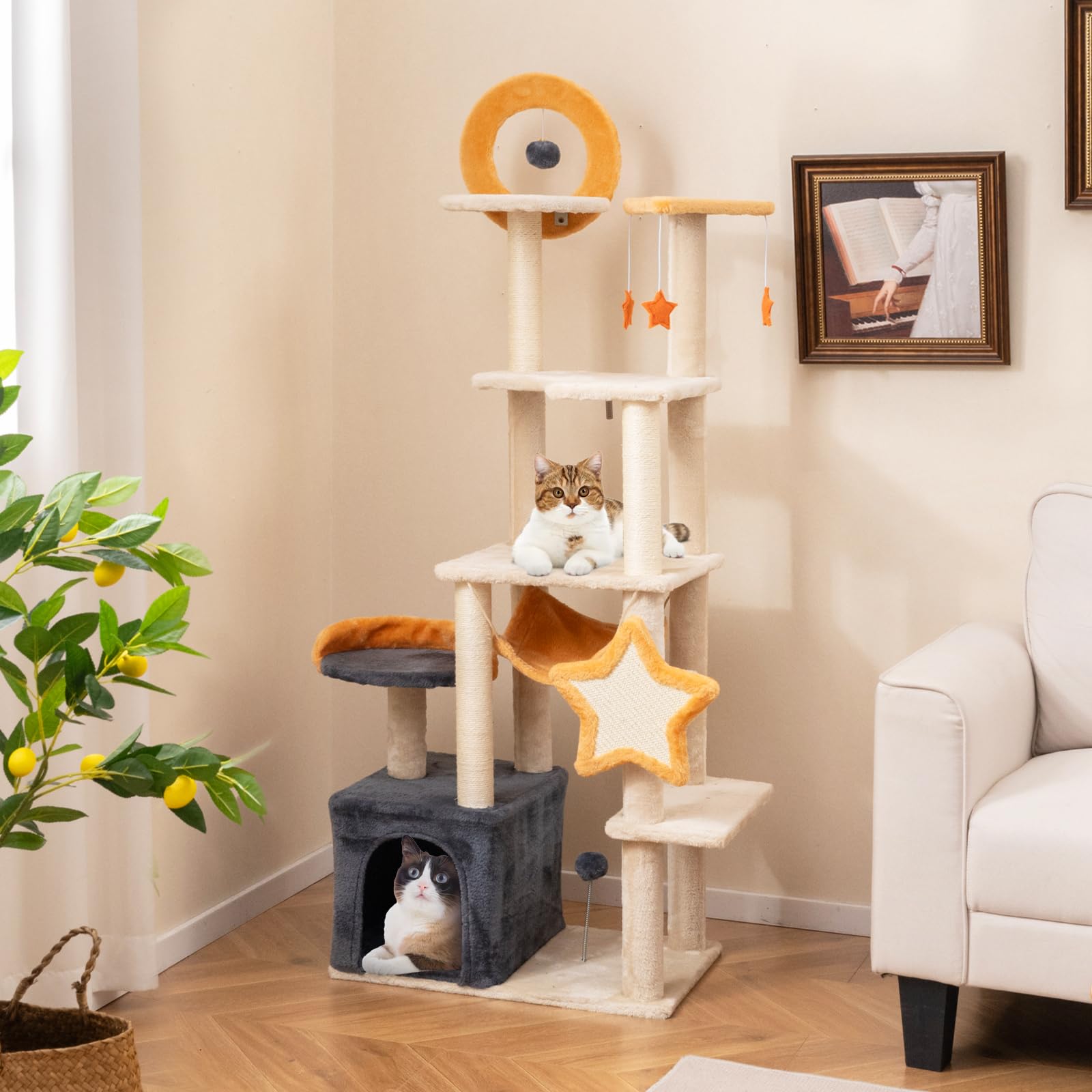 COSTWAY Árbol Rascador para Gatos, Altura 160cm, Rascador para Gatos de Varios Niveles con Postes de Sisal y Tablero, Condo, Plataforma y Perchas, Juguetes Colgantes, Tela de Felpa, Torre para Gatitos