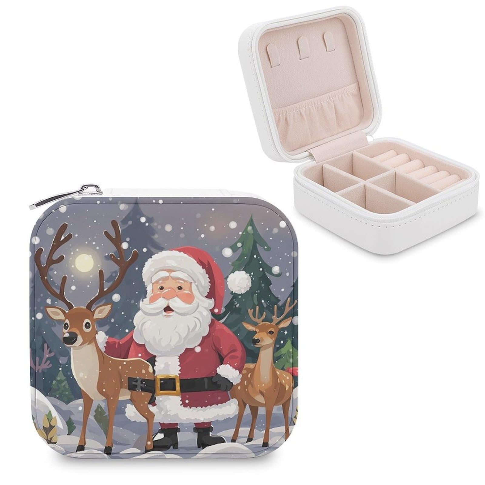 FekiLoot Santa Claus And Deer Elk Travel Jewelry Box Small Jewelry Organizer Storage Case Portable PU Leather Mini Jewellry Travel Case Necklace Ring Storage Organizer Gift for Women