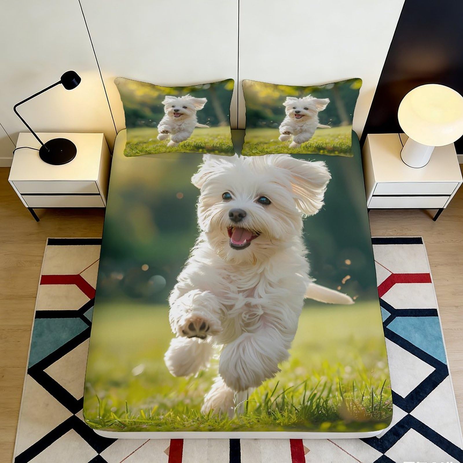 3D Printed White Puppy Running Fitted Sheet Microfiber Soft Non Slip Bed Cover for Bedroom Guest Room Easy Care 90x200x25cm