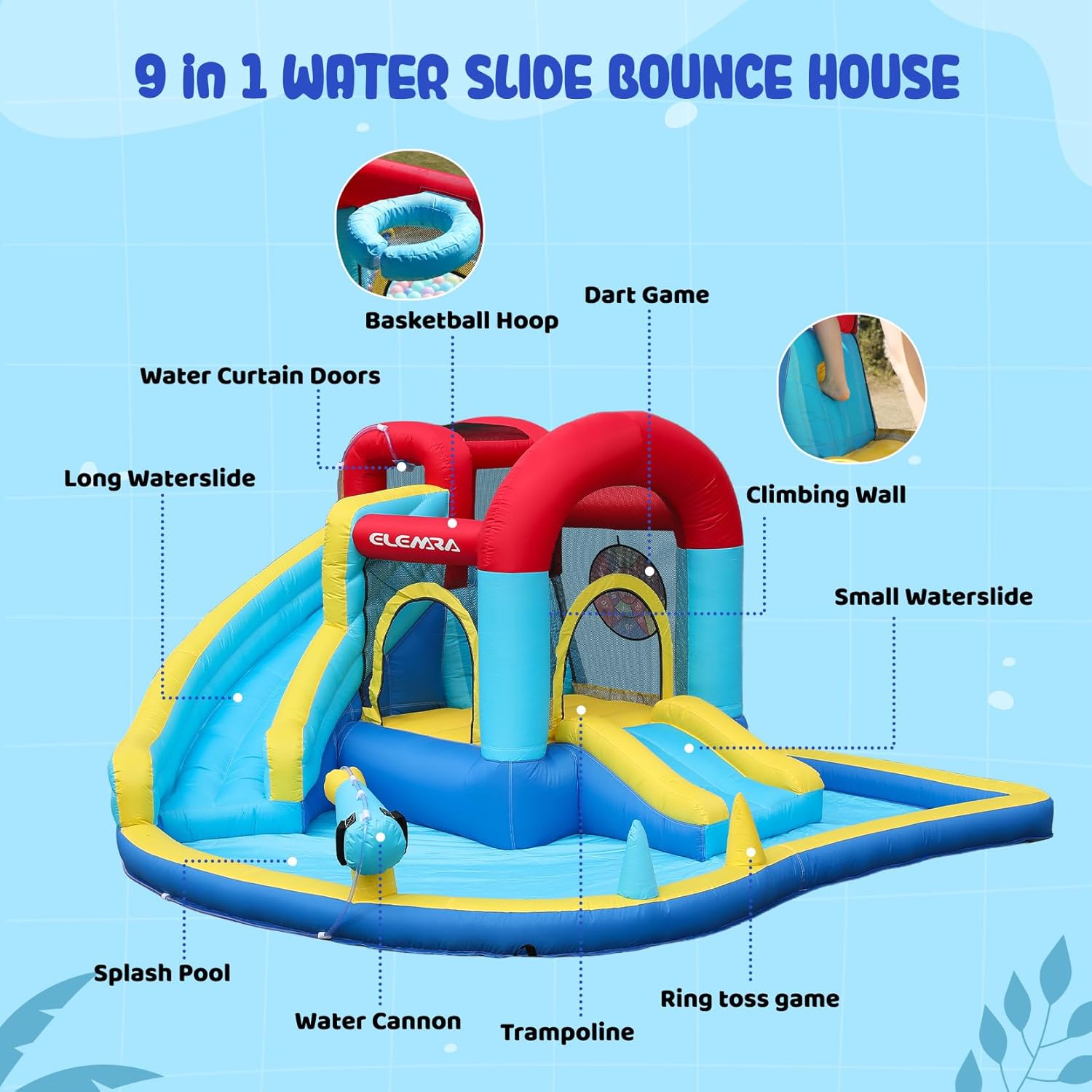 ELEMARA Inflatable Water Slide, 9 in 1 Kids Bounce House with 2 Slides, Pool&Trampoline, Fun Dart Game&Ring-toss Game, Climbing Walls, Bounce House with Blower for Outdoor Indoor, 108.3*106.3*56.3in