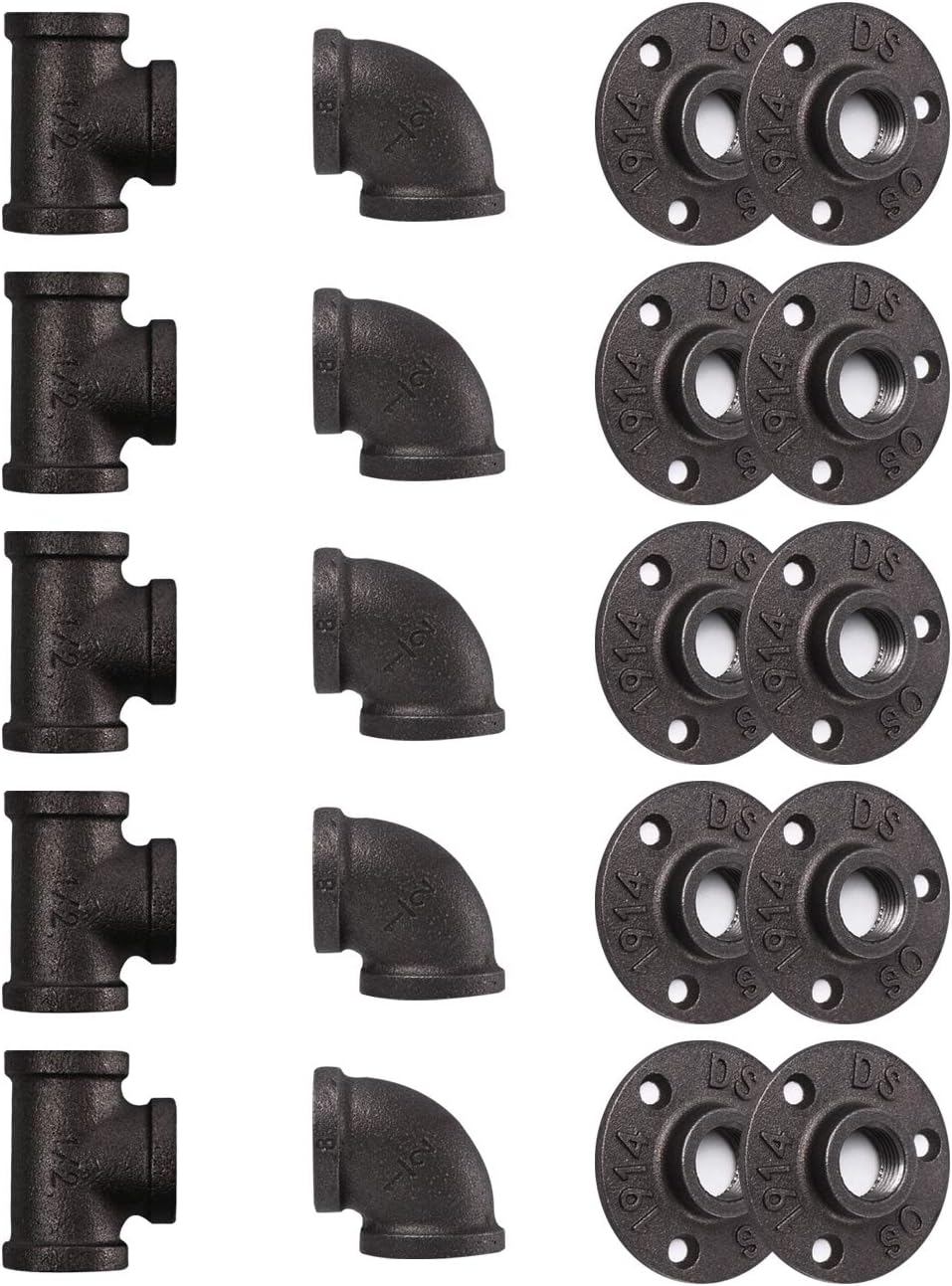 1/2" Pipe Fitting, 30 Pack Gray Floor Flange/Elbow/Tee Combo for Industrial vintage style, Flanges/Elbow/Tee with Threaded Hole for DIY Project/Furniture/Shelving Decoration (30, 1/2")