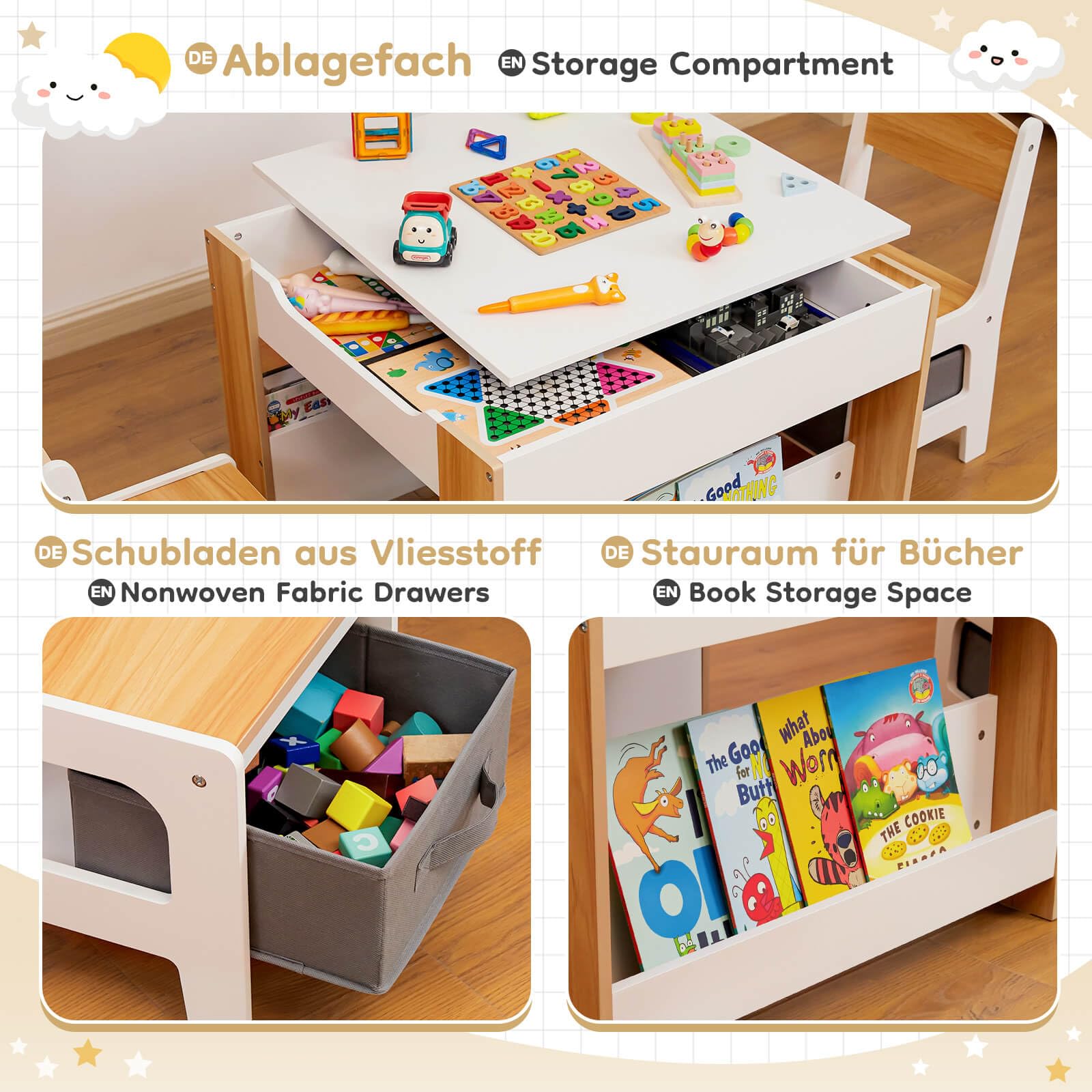 Yorbay Kindertisch mit 2 Stühle, Kindermöbel Set aus Holz mit Stauraum und Bücherregalen, 3 in 1 Maltisch & Aktivitätstisch & Tafeltisch, Kinderzimmer, Spielzimmer, Vorschüler (Natur)