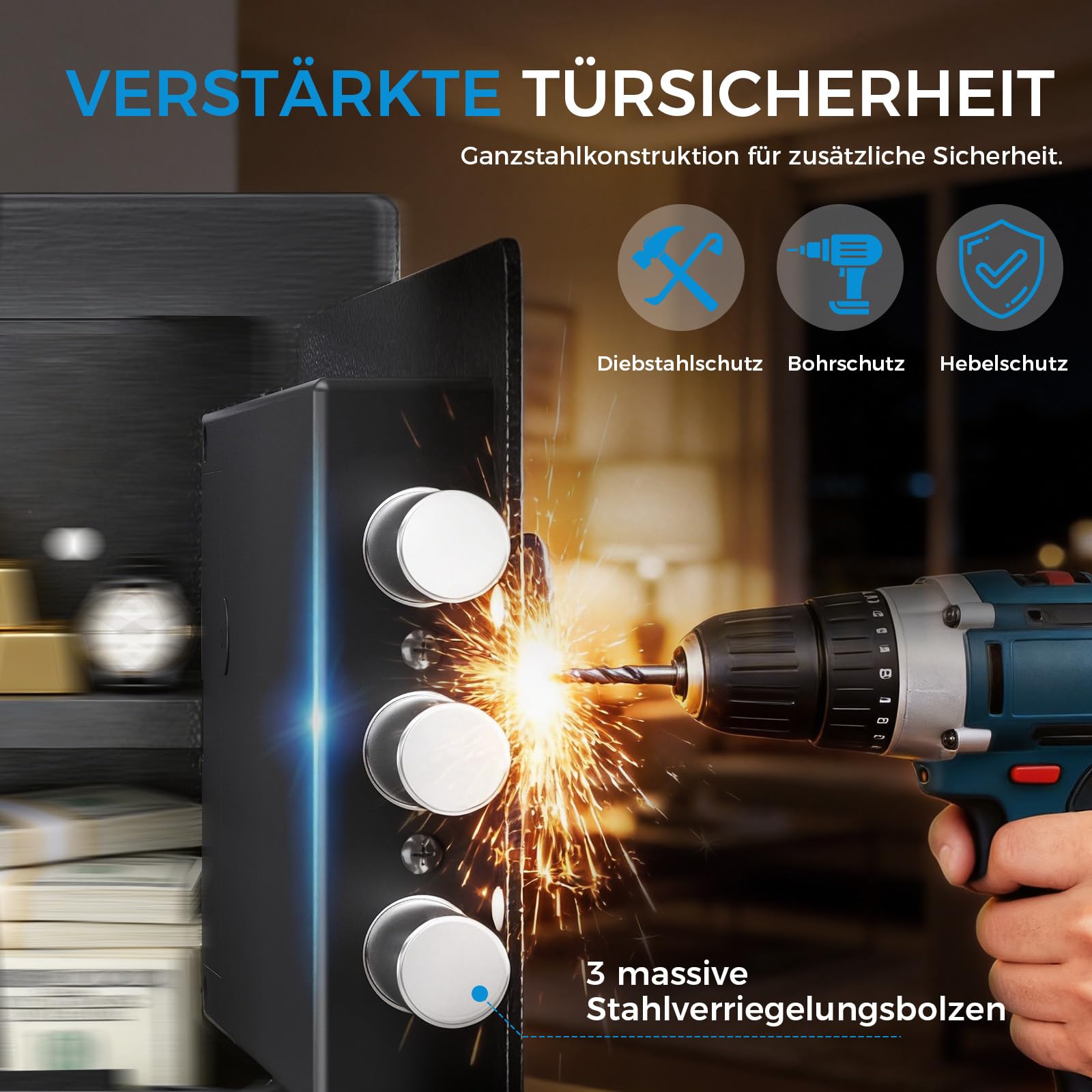 GTPLAYER Tresor für Zuhause, Feuerfester Wasserdichter Mini Sicherheitstresor mit Fingerabdruck, Zahlencode, Notschlüssel & Alarmfunktion – Elektronische Verriegelung für Bargeld Dokumente (12L)